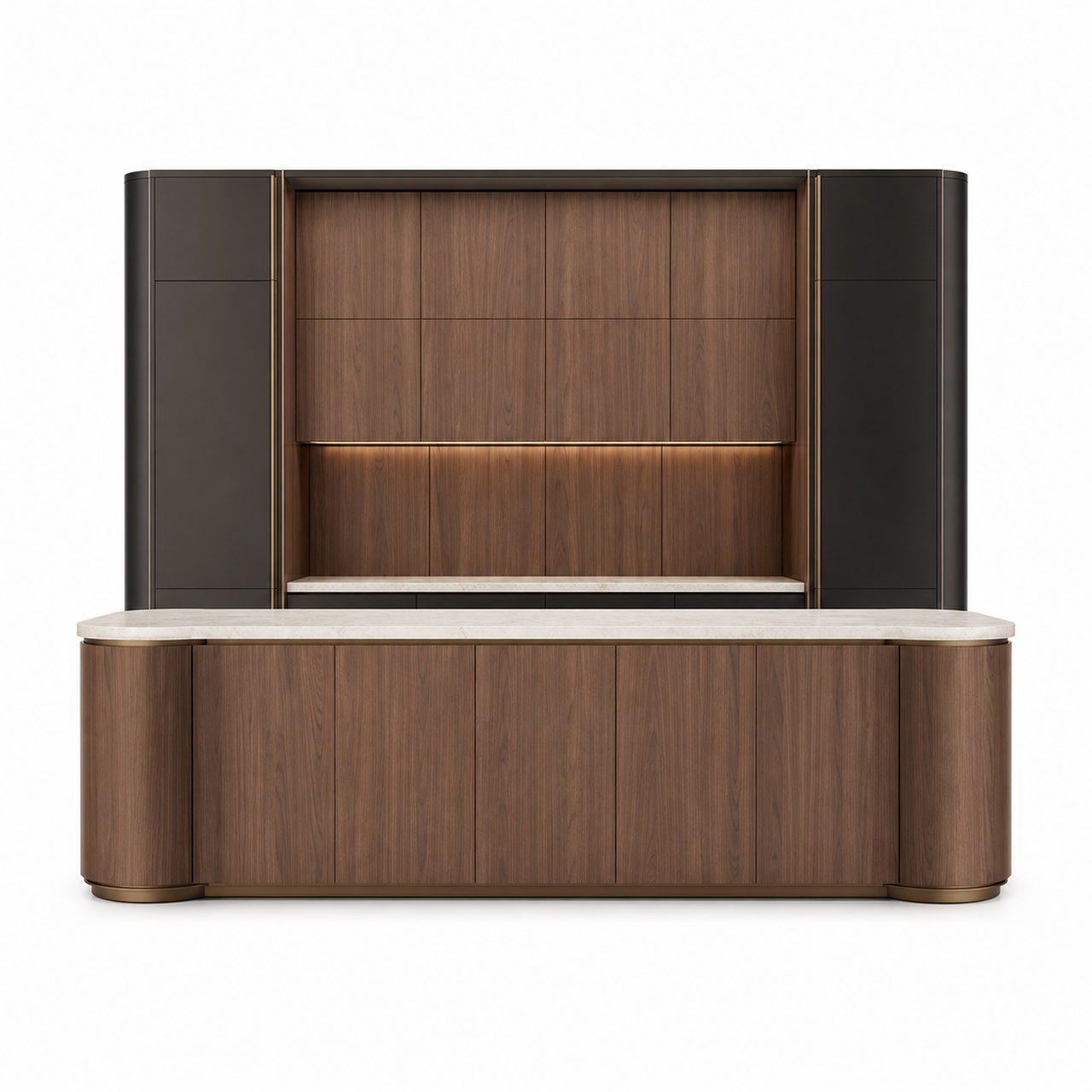 Fadior Meridian Kitchen Suite with Servery Window Island Arcade — 304 stainless steel kitchen system, front view
