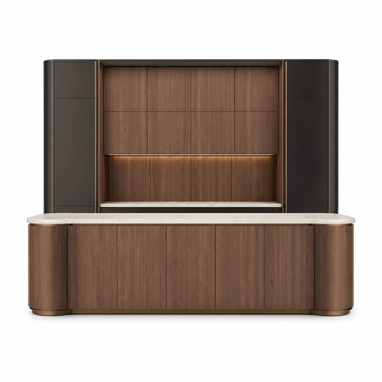 Fadior Meridian Kitchen Suite with Servery Window Island Arcade — 304 stainless steel kitchen system, front view