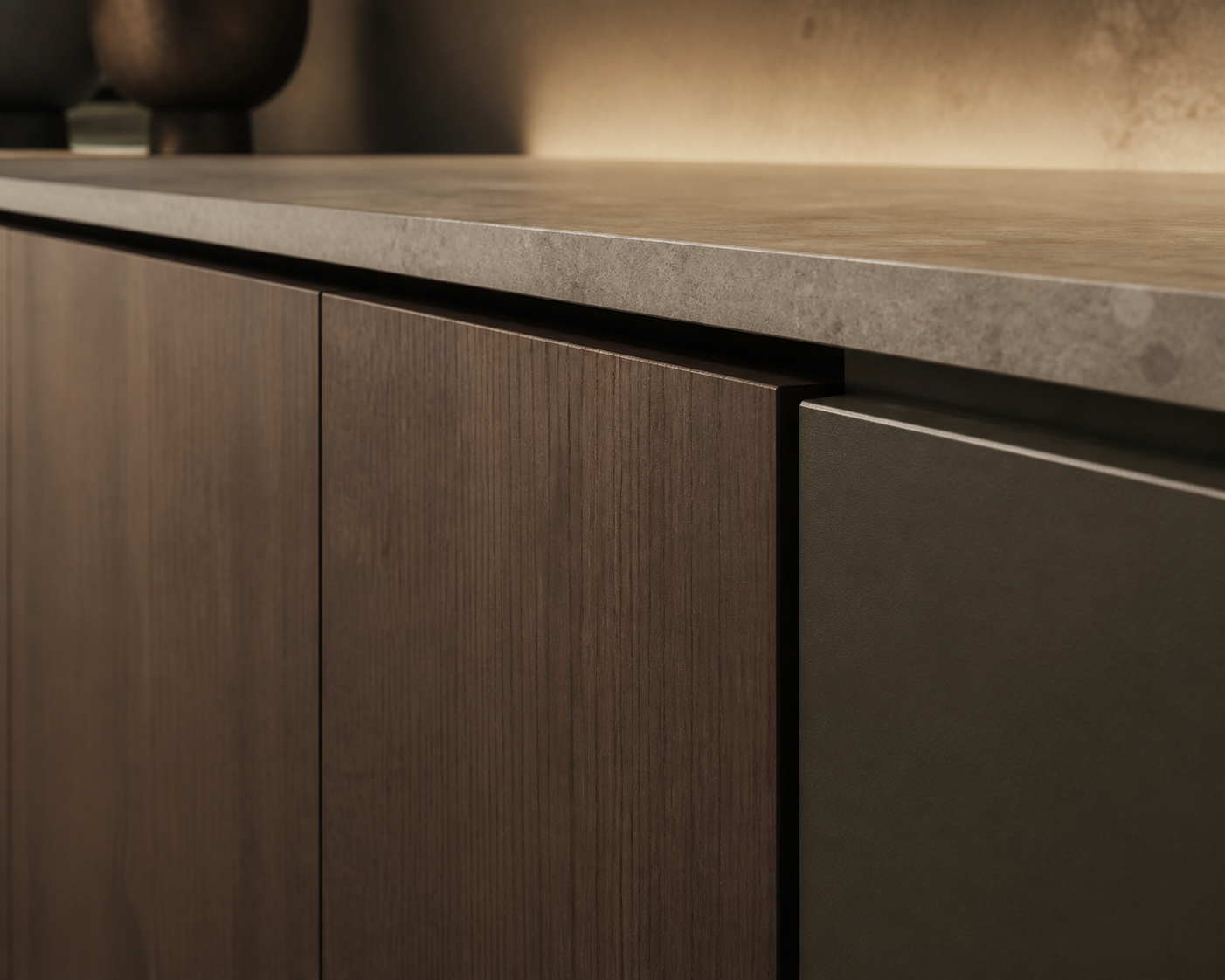 Fadior Armarios Meridian Sintered Stone Worktop Spine — close-up of stainless steel finish and hardware detail