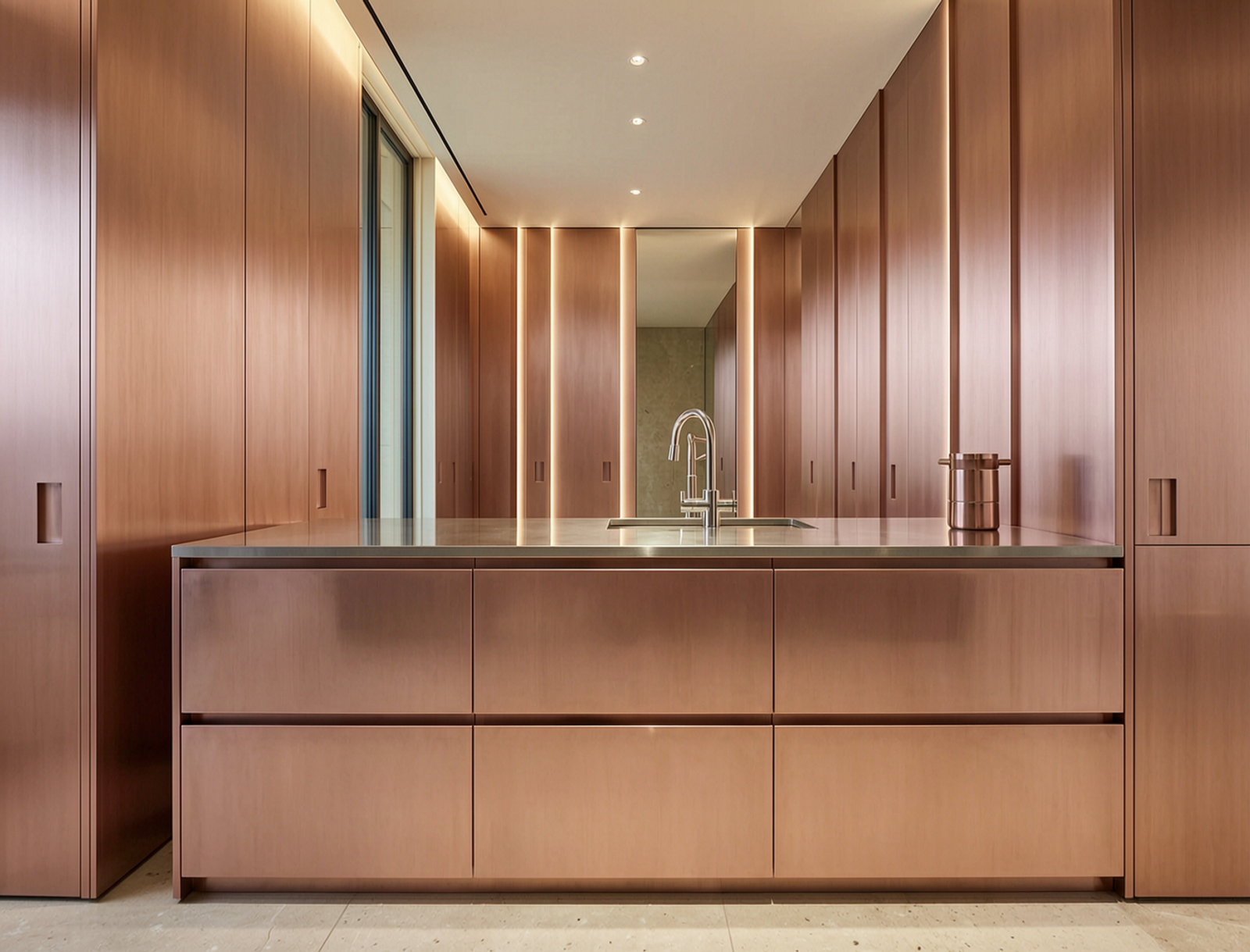 PVD Rose Gold Finish applied in luxury residential bathroom vanity and decorative wall panels