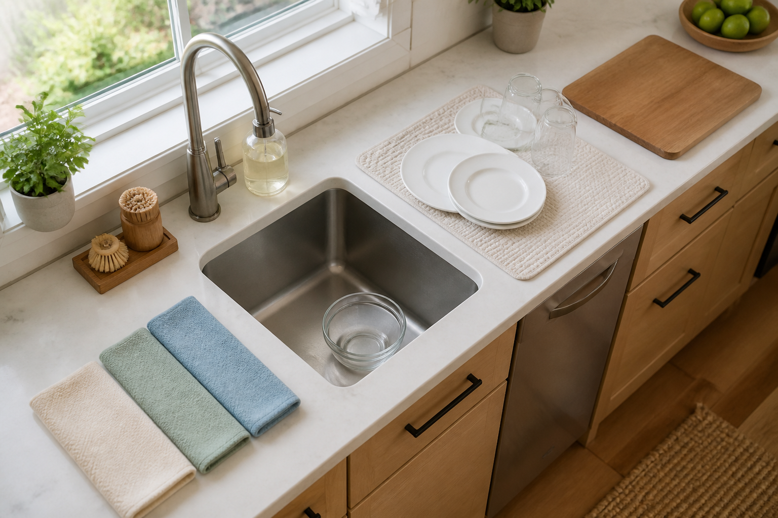 Orderly kitchen cleaning station with separate soft cloths and a drying area
