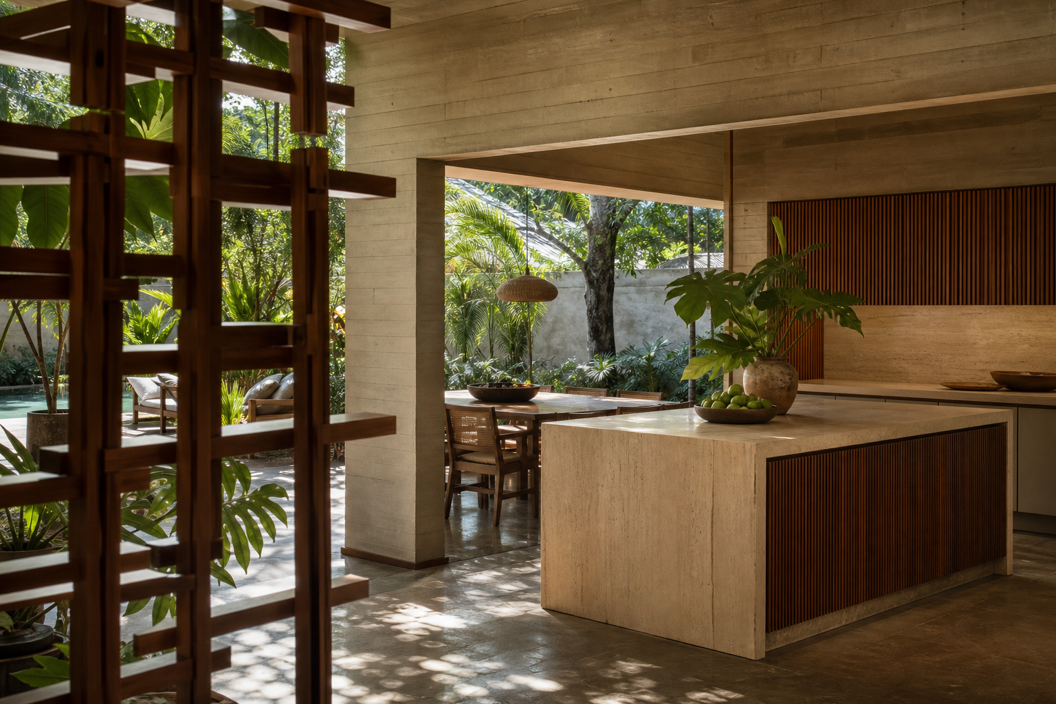 Residential kitchen context with warm oak cabinetry and calm dining flow for villa owner planning.