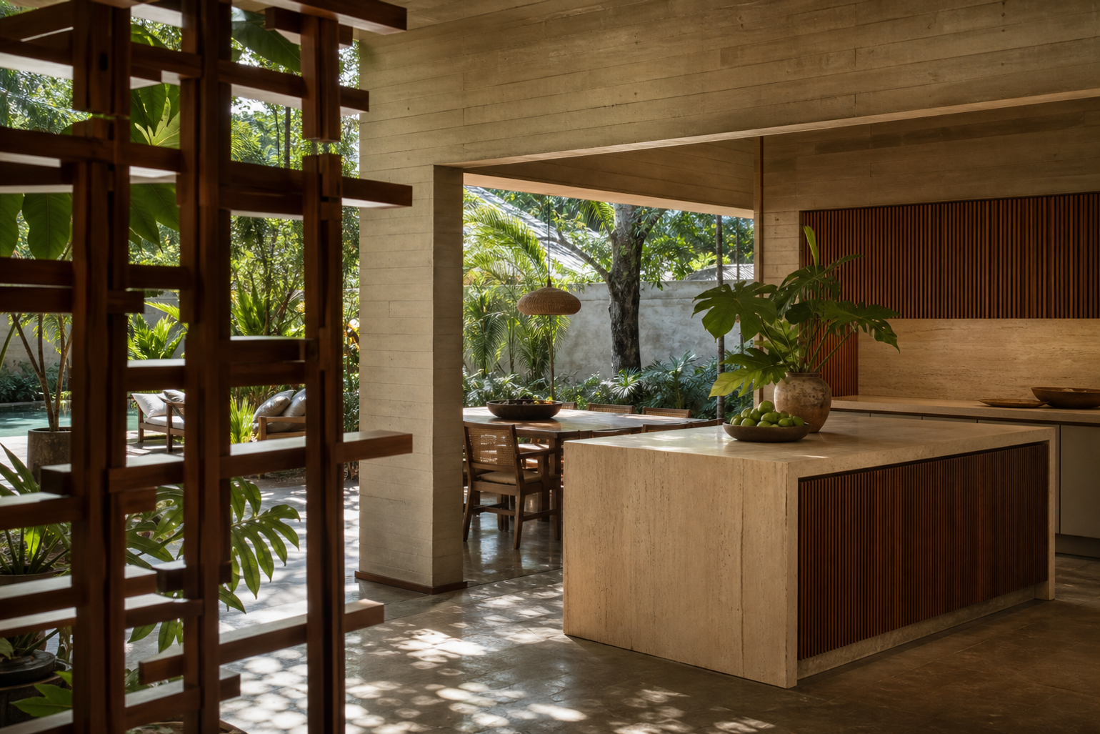 Residential kitchen context with warm oak cabinetry and calm dining flow for villa owner planning.