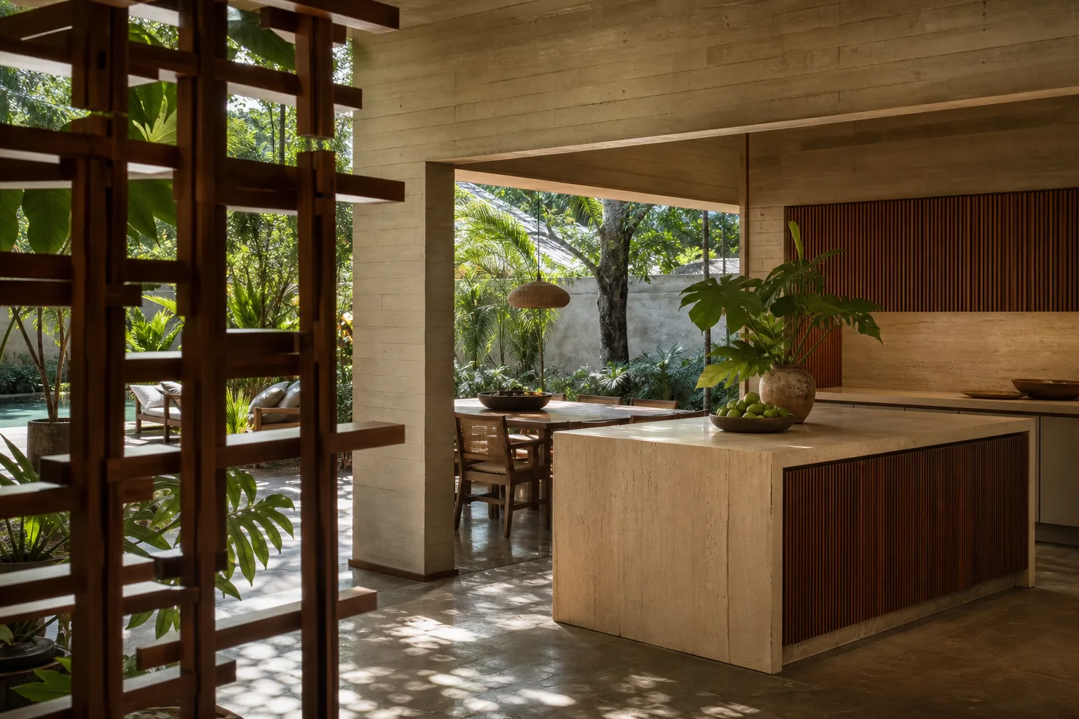 Residential kitchen context with warm oak cabinetry and calm dining flow for villa owner planning.