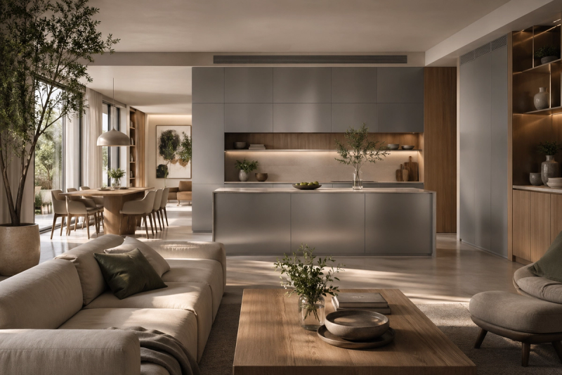 Lifestyle context: an open-plan kitchen and living room with brushed 304 stainless steel cabinetry, soft materials, and healthy-home calm.