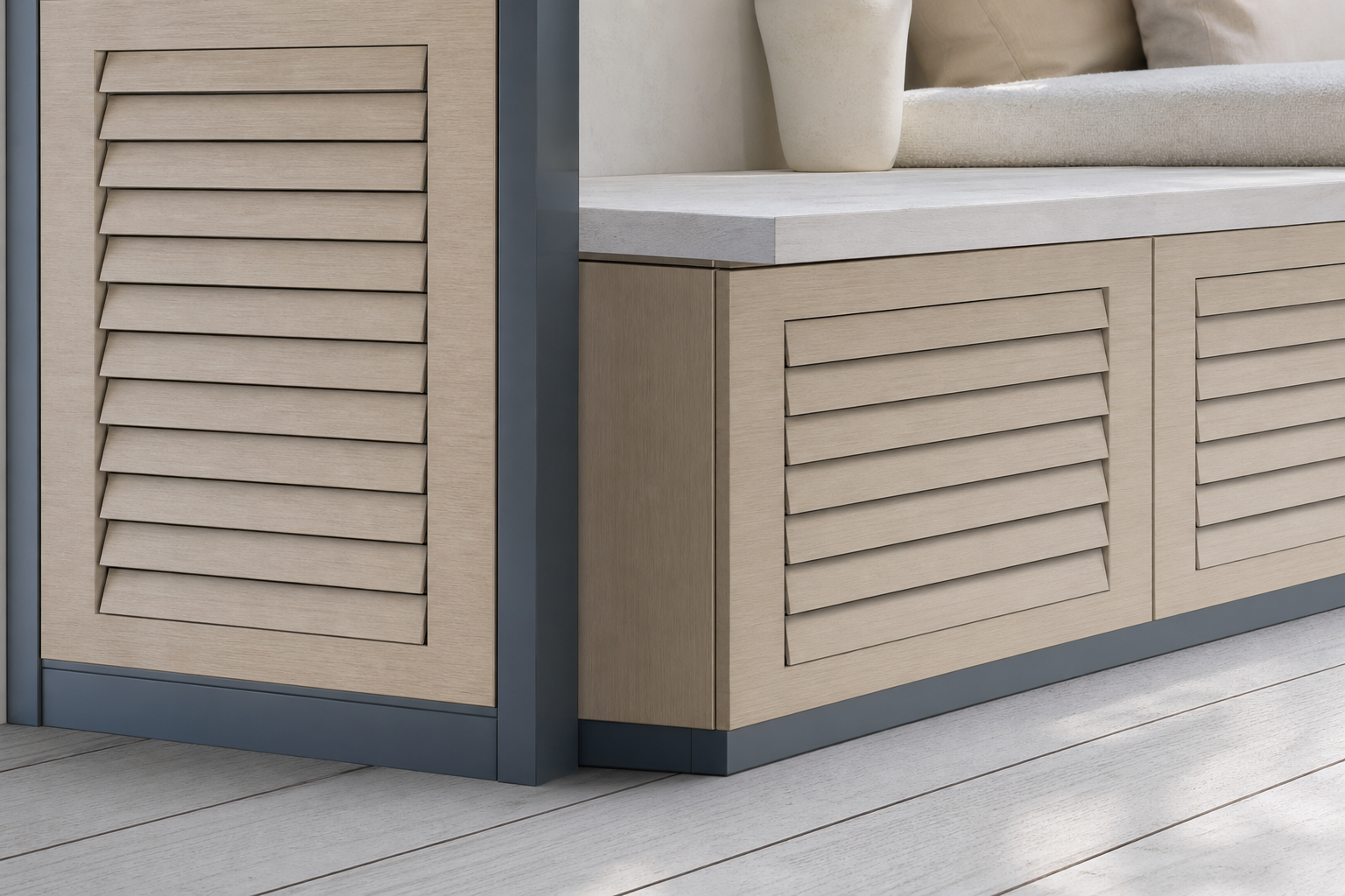 Fadior Aurora Balcony Suite with Louvered Shade Console — close-up of stainless steel finish and hardware detail