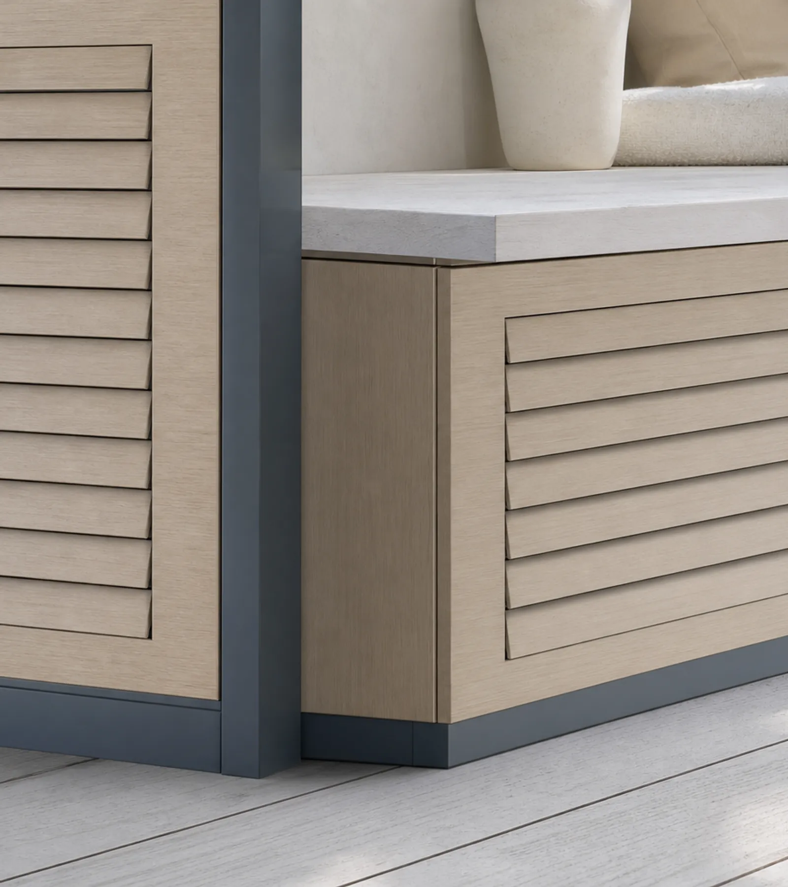 Fadior Aurora Balcony Suite with Louvered Shade Console — close-up of stainless steel finish and hardware detail