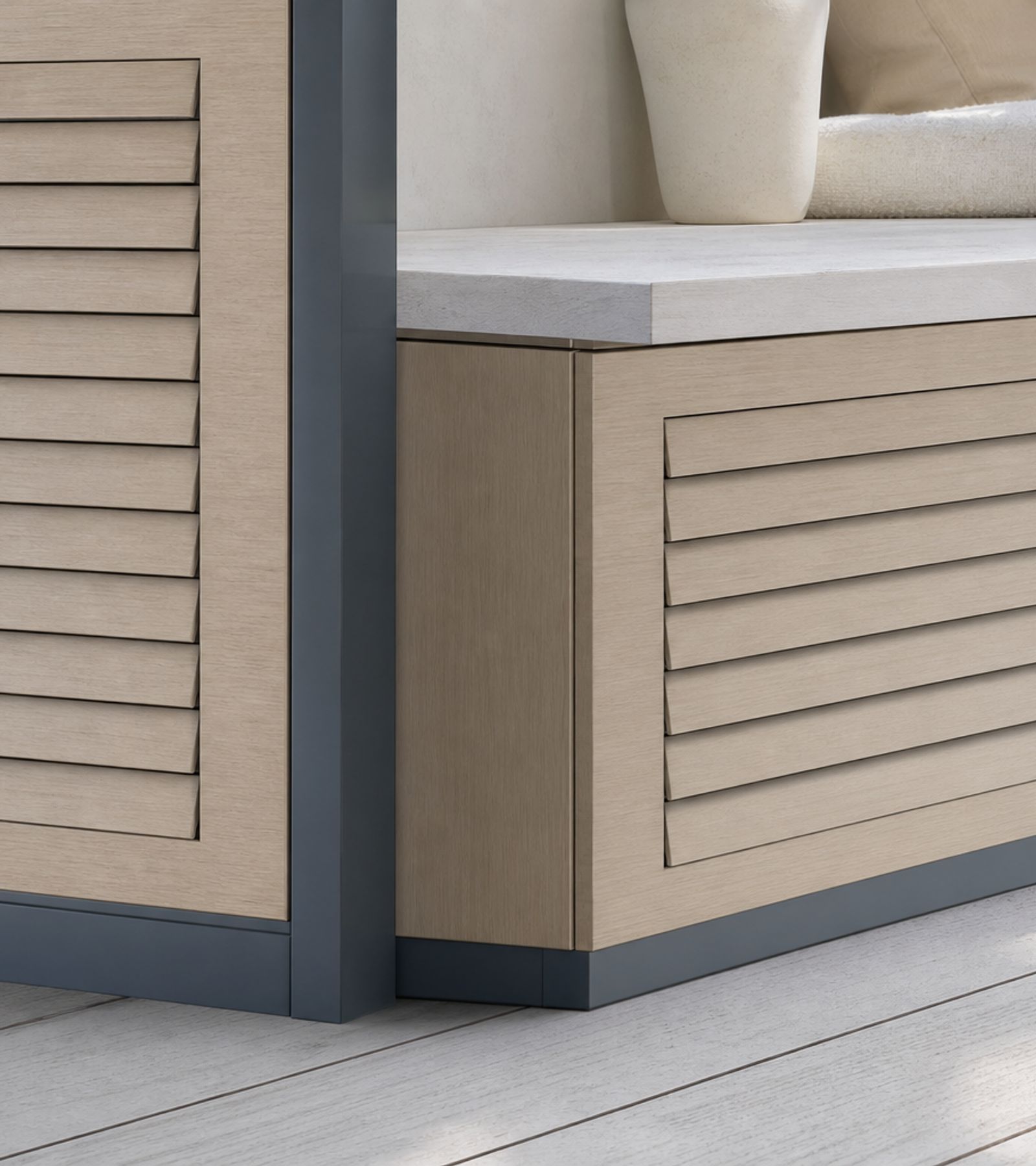 Fadior Aurora Balcony Suite with Louvered Shade Console — close-up of stainless steel finish and hardware detail