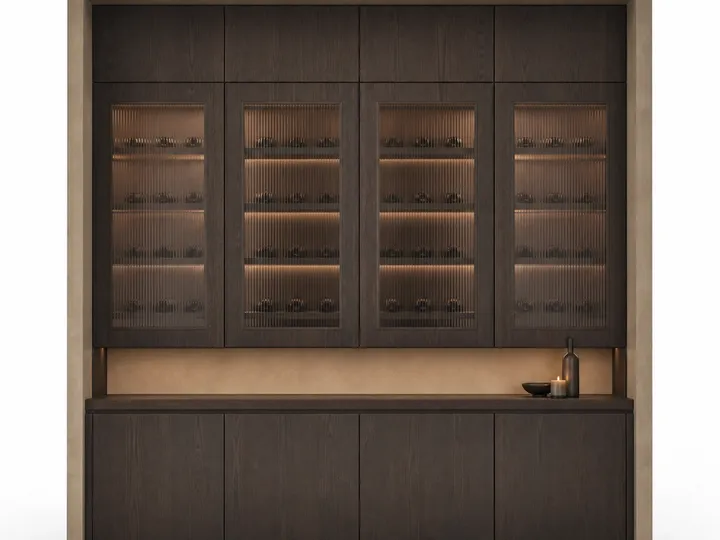 Fadior Estuary Wine Cabinet Suite with Ribbed Glass Service Bay — 304 stainless steel wine cabinet system, front view