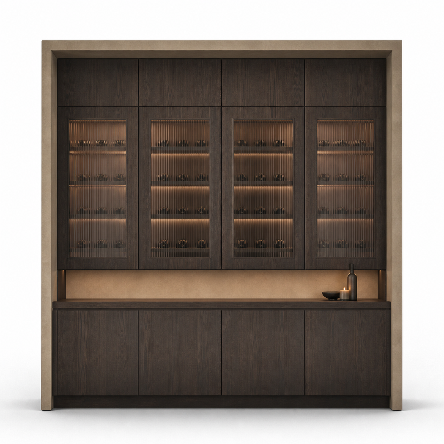 Fadior Estuary Wine Cabinet Suite with Ribbed Glass Service Bay — 304 stainless steel wine cabinet system, front view