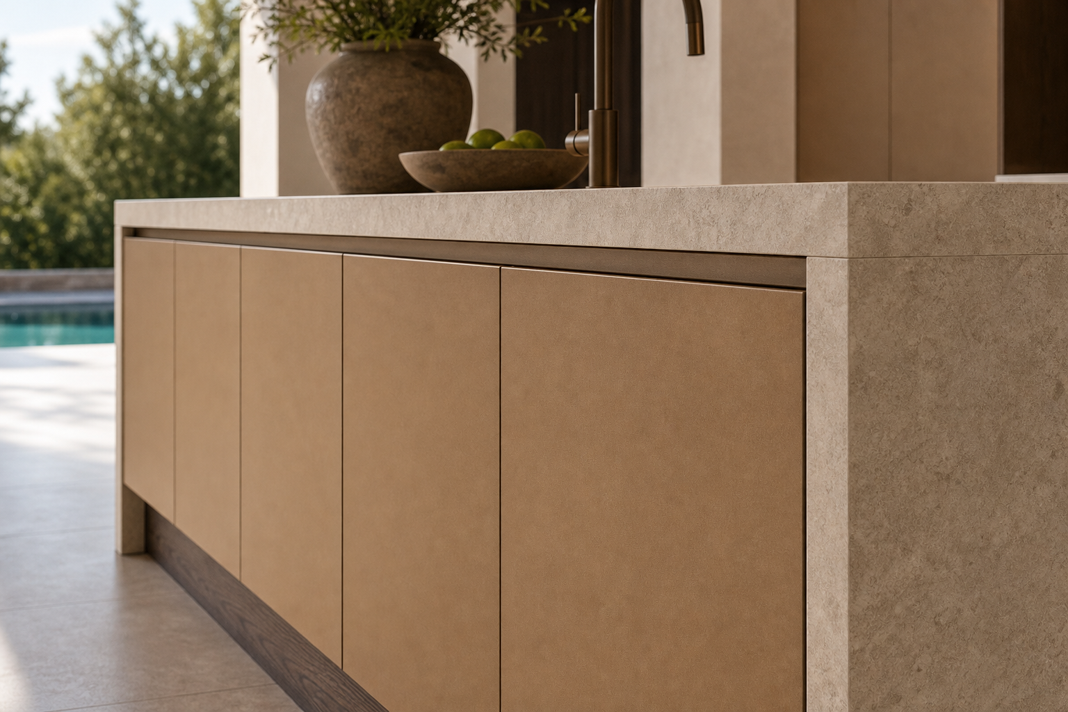 Fadior Terrena Kitchen Suite with Monolith Hearth Island — close-up of stainless steel finish and hardware detail