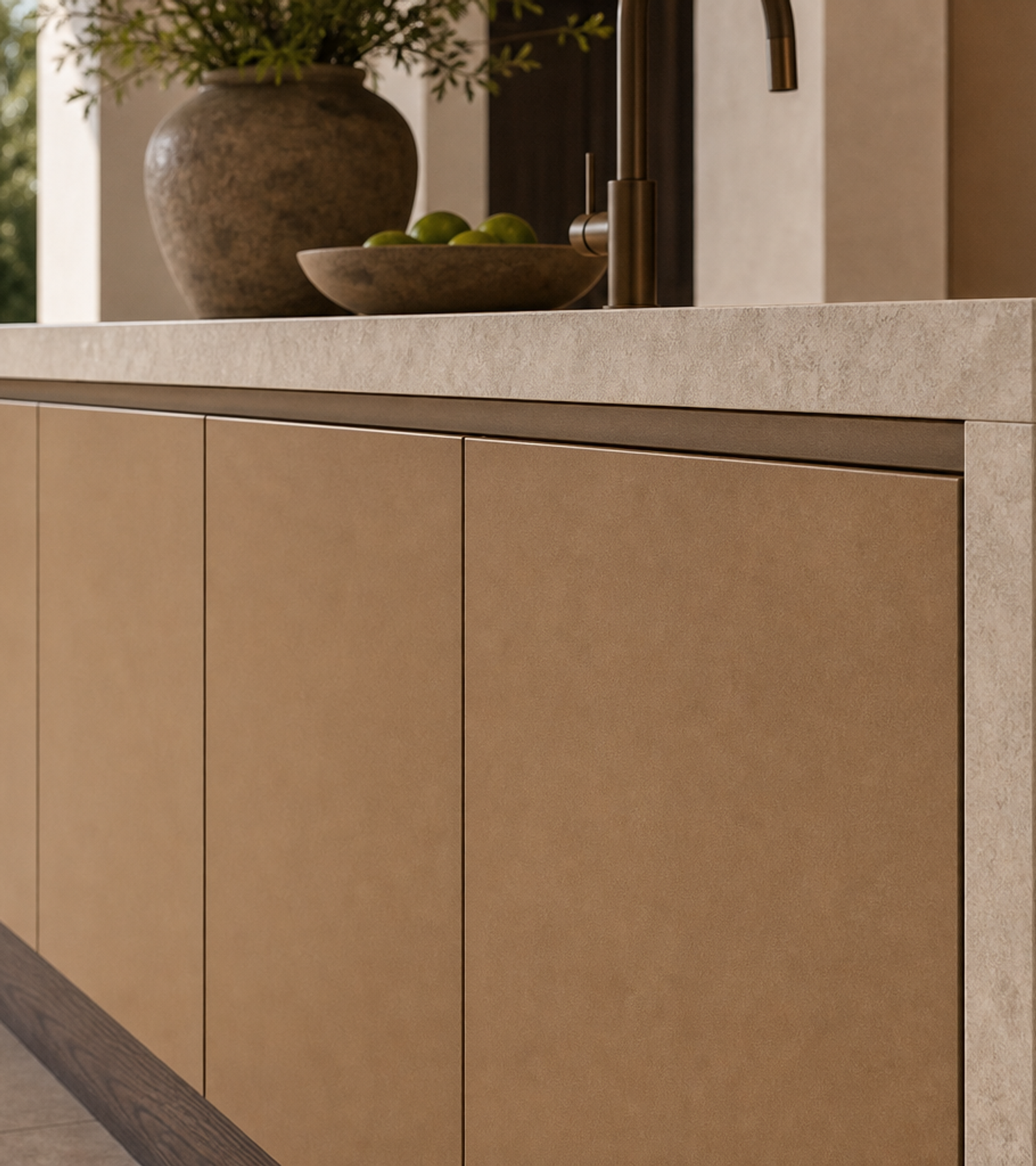 Fadior Terrena Kitchen Suite with Monolith Hearth Island — close-up of stainless steel finish and hardware detail