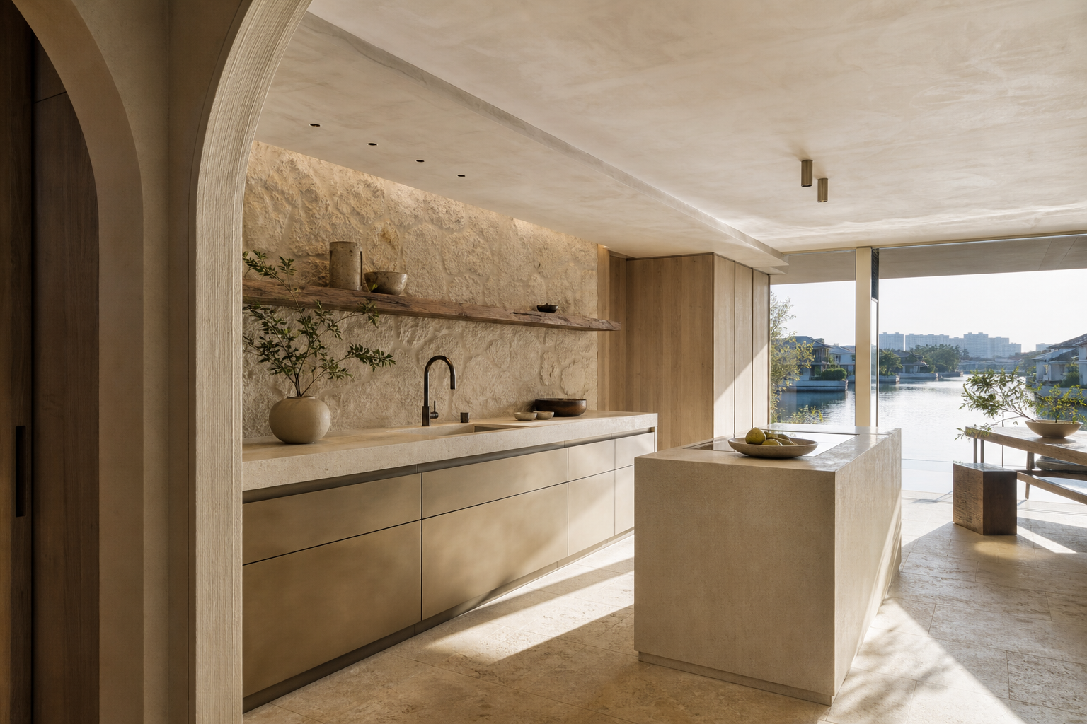 Fadior Hangzhou 220 sqm Kitchen Penthouse — Hangzhou kitchen sink counter, drawer fronts, plaster wall, travertine tile,