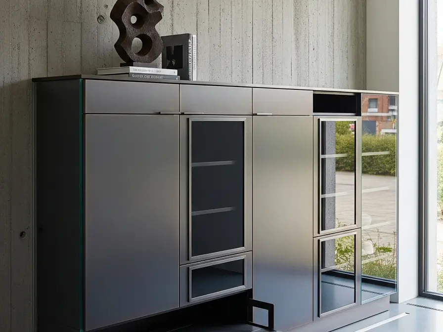 Fadior Archetype Entryway Suite - stainless steel entryway storage with shoe cabinet, bench seating, coat storage, console zone, and warm finishes