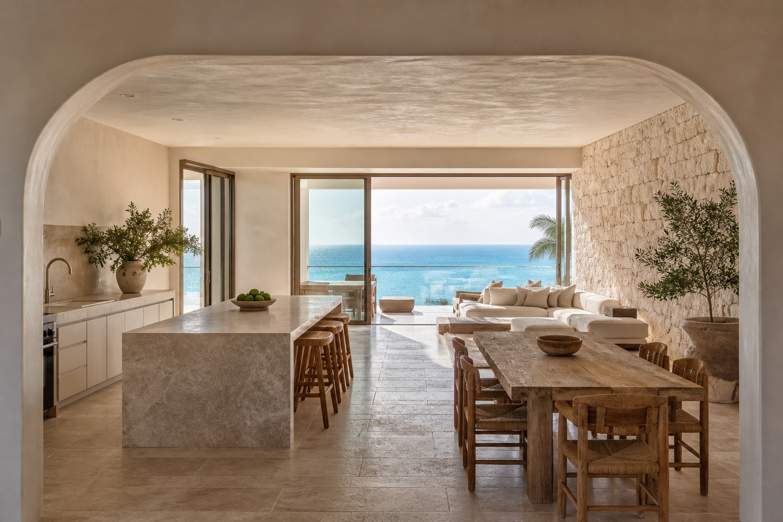 Fadior Miami 85 sqm Kitchen Apartment — Open kitchen and living room with dining table, island, window and balcony