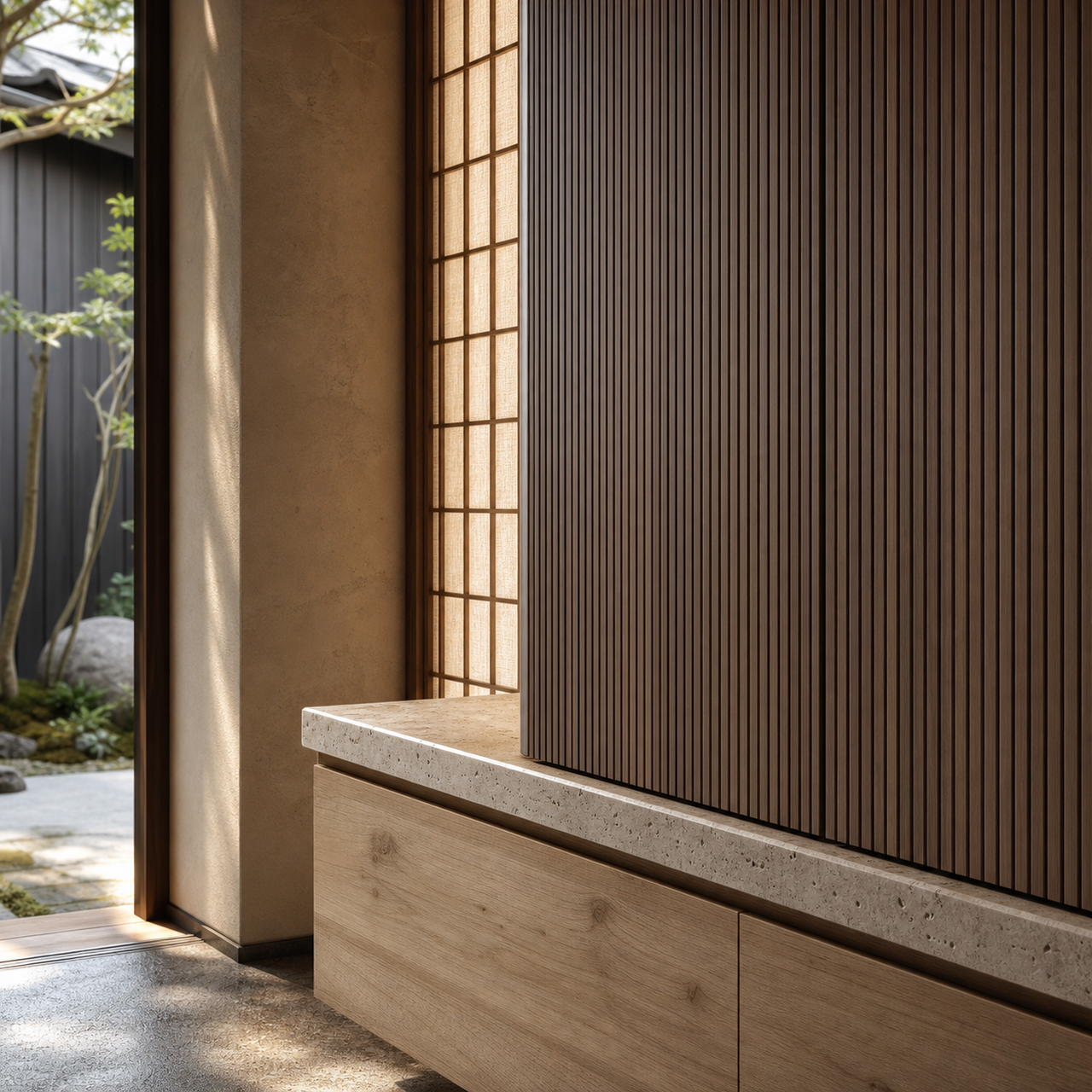 Fadior Loggia Entryway Suite with Ribbed Walnut Foyer Archive — close-up of stainless steel finish and hardware detail