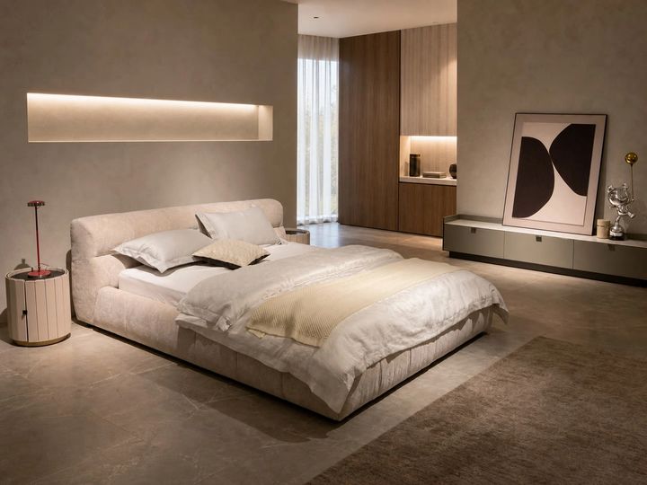 Upholstered Bed 2500 × 2060 × 800H styled in a FADIOR HOME interior setting