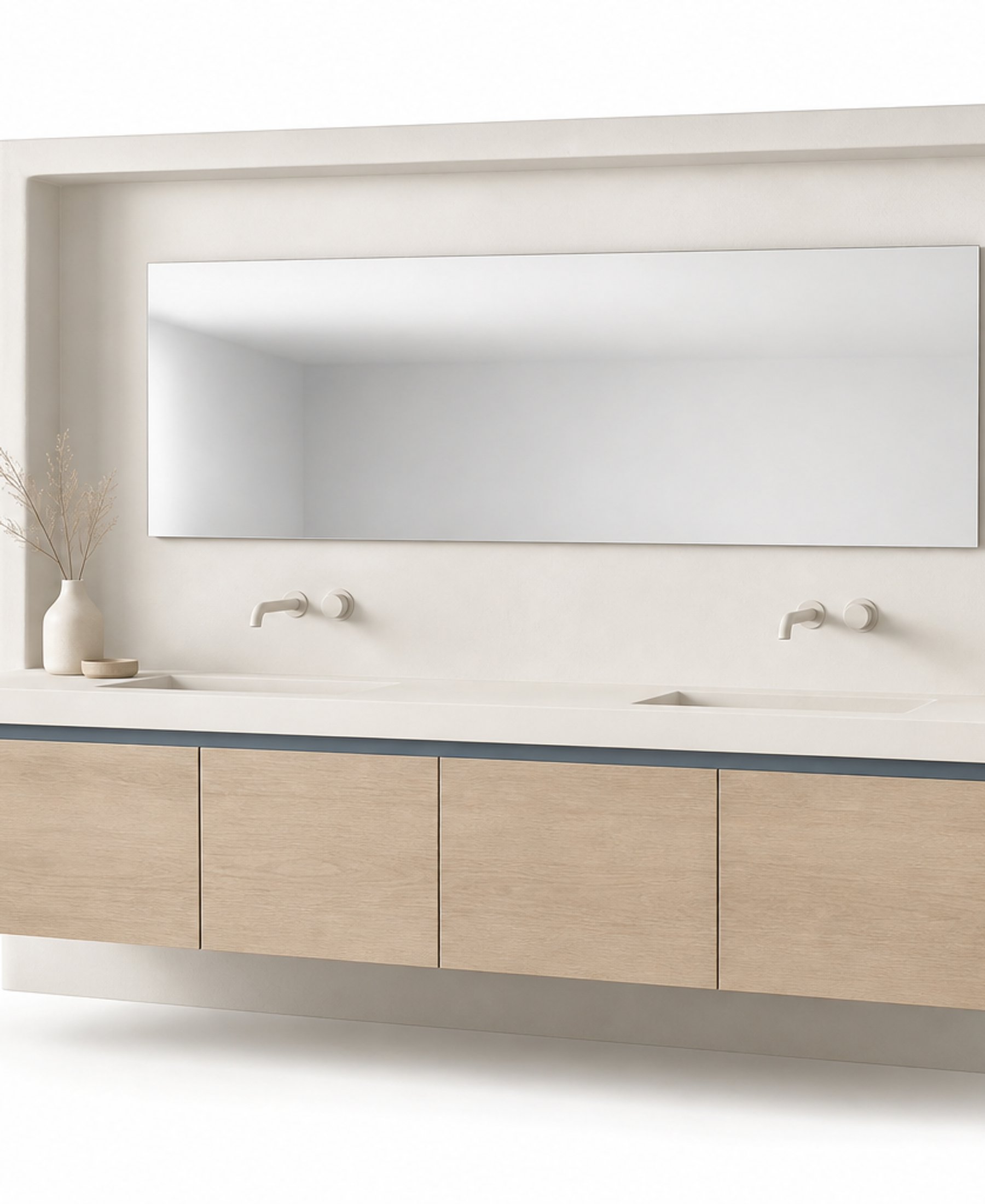 Fadior Alcove Bath and Vanity Suite with Misty Blue Floating Basin Wall — 304 stainless steel bath and vanity system, front view