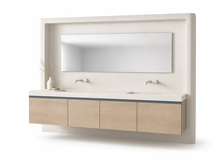 Fadior Alcove Bath and Vanity Suite with Misty Blue Floating Basin Wall — 304 stainless steel bath and vanity system,