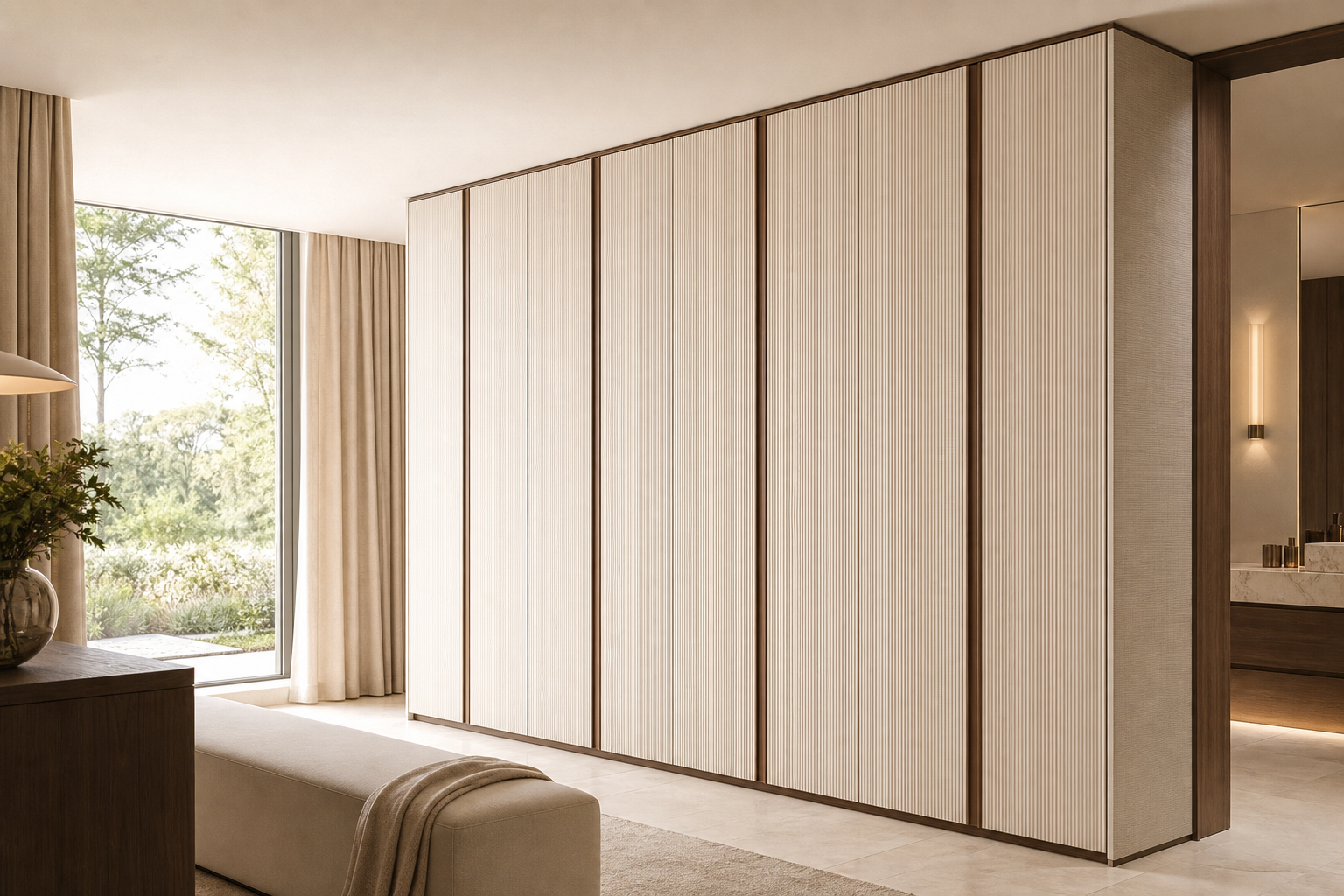 Fadior Voyage Wardrobe Suite with Pearl Ribbed Dressing Bay — interior room context showing cabinet integration