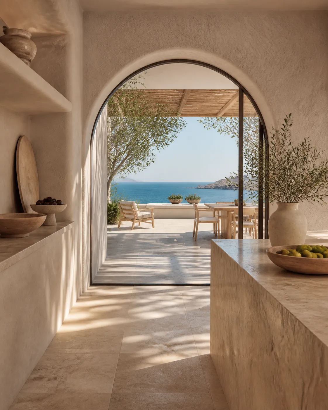 Villa kitchen with limestone-bone walls and weathered teak, creating an atmospheric material study for finish decisions.