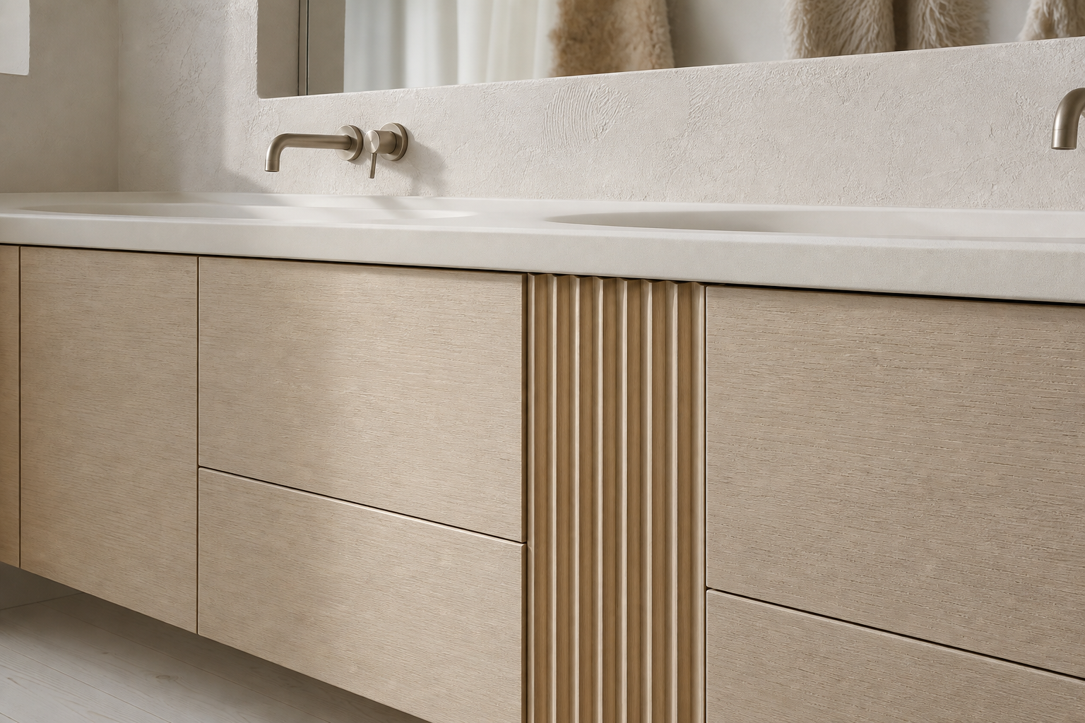Fadior Verve Bath and Vanity Suite with Pearl Slot Grooming Arcade — close-up of stainless steel finish and hardware detail