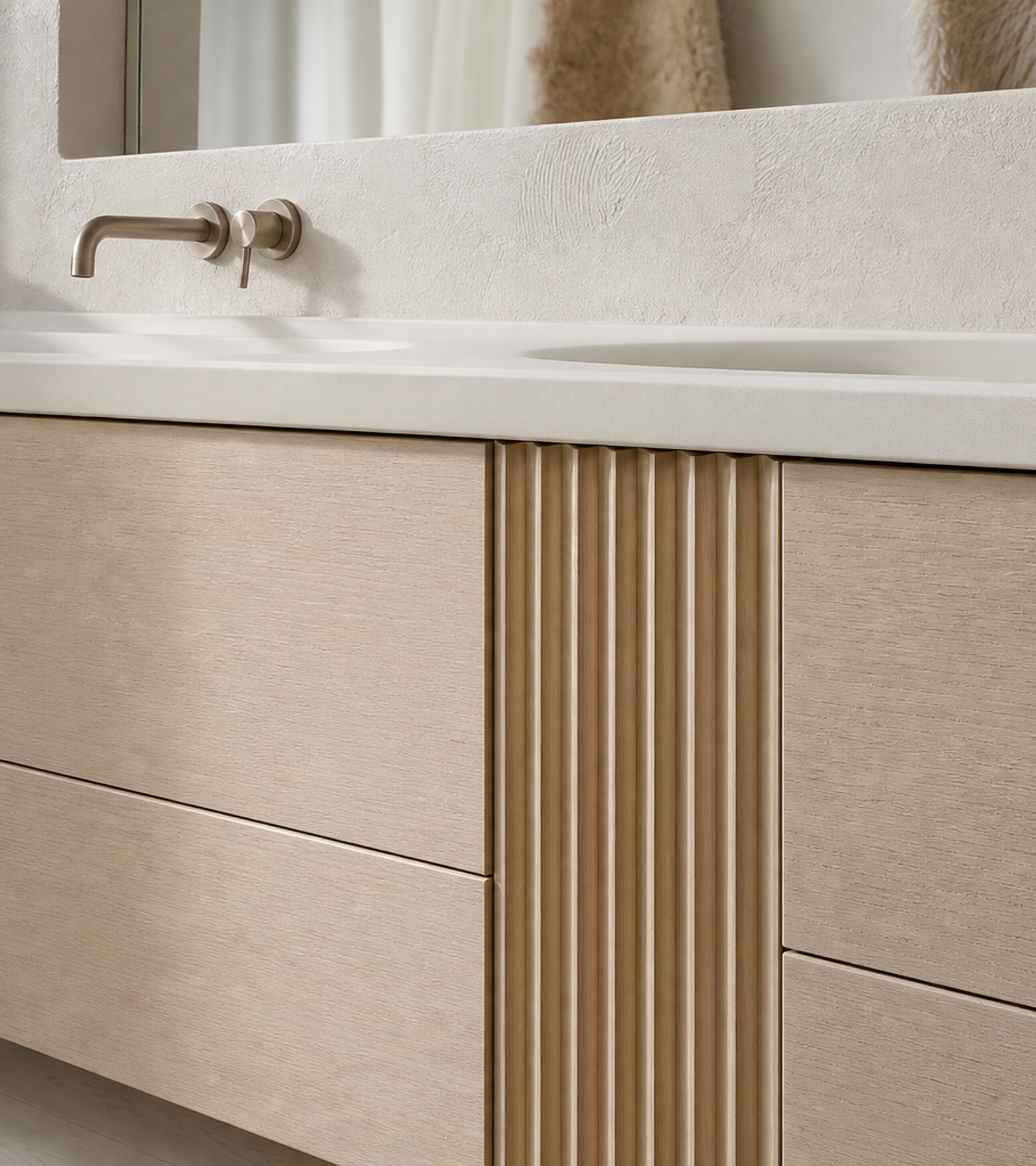 Fadior Verve Bath and Vanity Suite with Pearl Slot Grooming Arcade — close-up of stainless steel finish and hardware detail