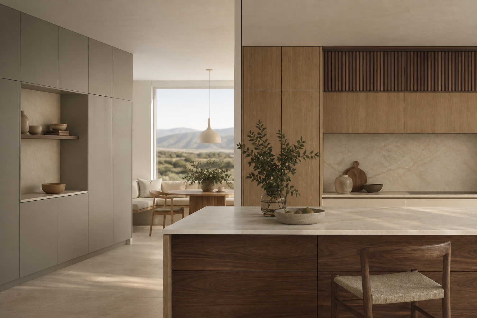 Balanced comparison scene showing two Italian cabinet wall approaches in soft morning light.