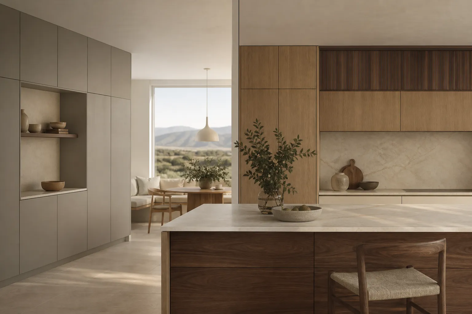 Balanced comparison scene showing two Italian cabinet wall approaches in soft morning light.