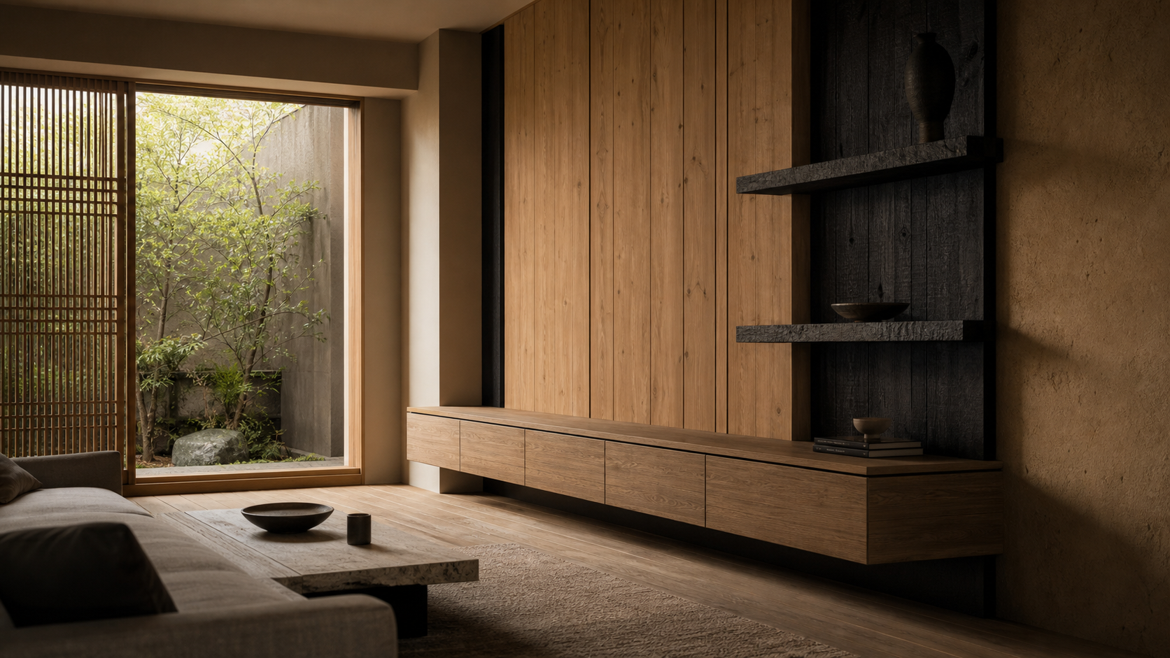 Fadior Silvan Living Room Suite with Floating Timber TV Bench — lifestyle setting with natural light and residential styling