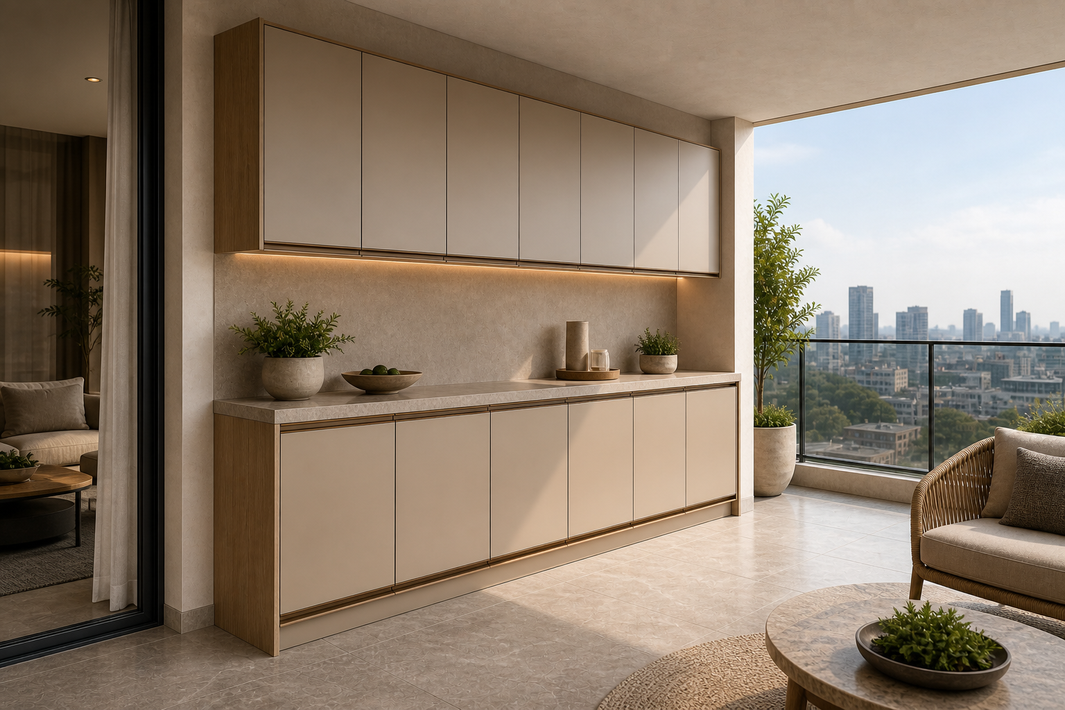 Fadior Soleil Balcony Suite with Weatherline Utility Wall — interior room context showing cabinet integration