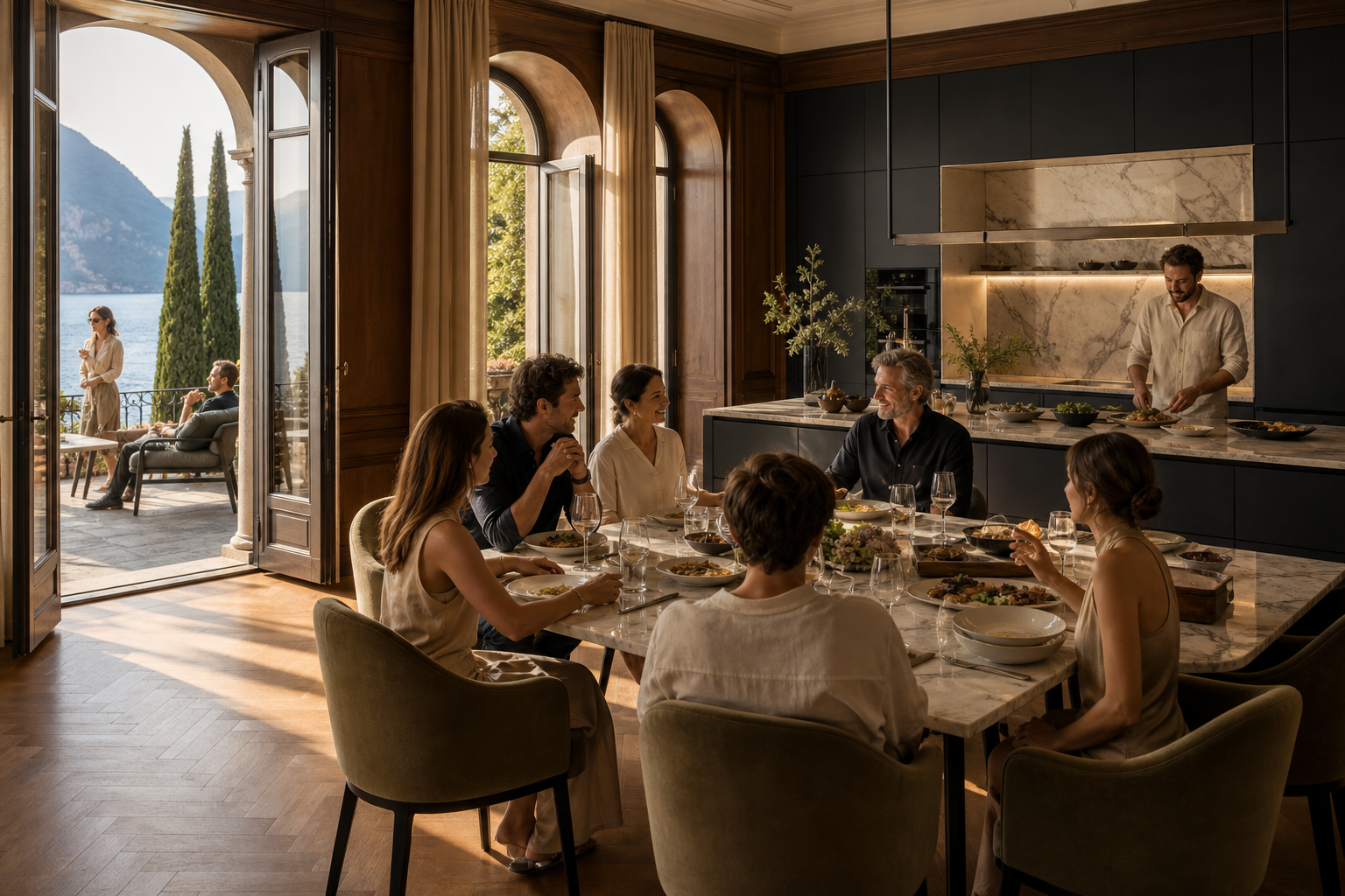 Fadior Como 280 sqm Kitchen Villa — Como villa hosting scene with dining table, guests, marble island, lake terrace,