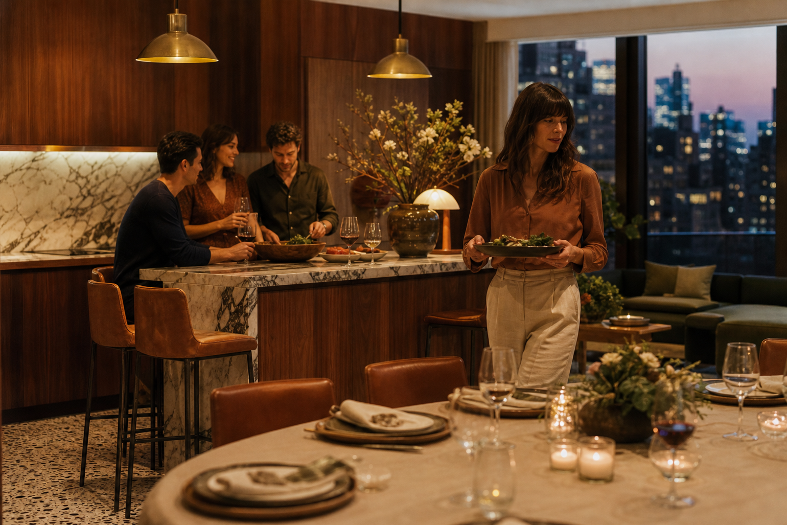Intimate kitchen dining context with walnut finishes, veined stone serving surface and warm hosting atmosphere.