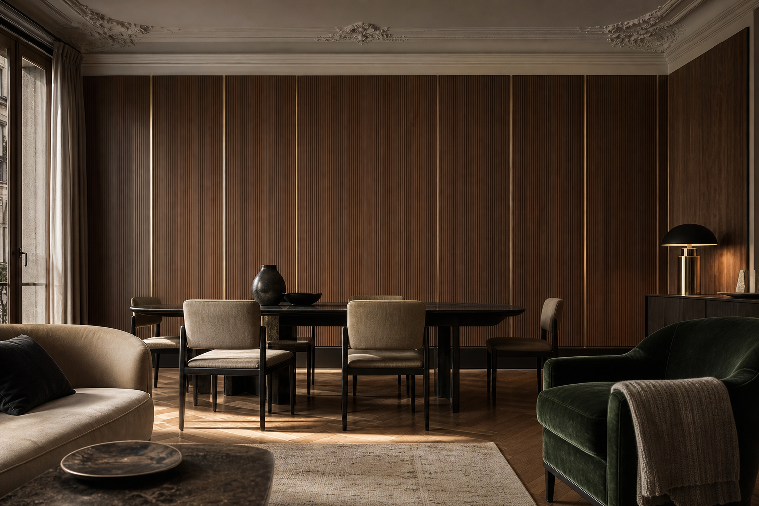 Fadior Miroir Wall Panel Suite with Reeded Pearl Glide Plane — lifestyle setting with natural light and residential styling