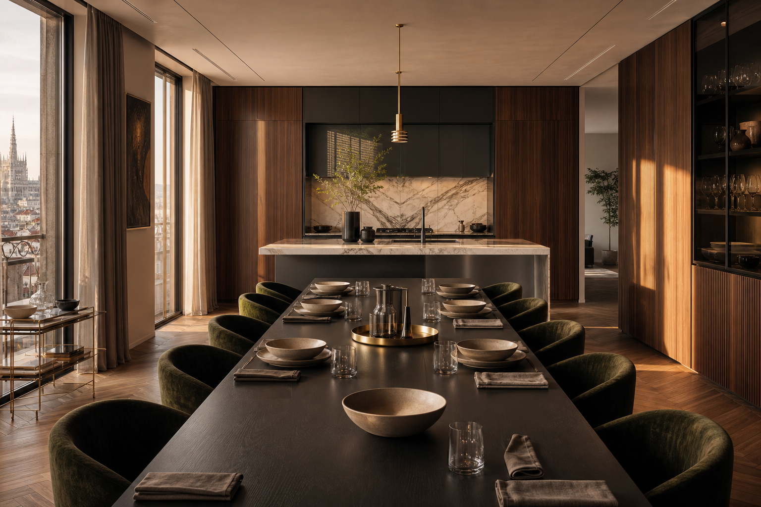 Fadior Milan 200 sqm Kitchen Penthouse — Milan dining setting with kitchen island, wood table, ceramic bowls, empty velvet chairs, cabinet wall, and skyline window