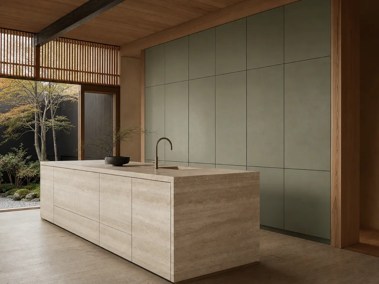 Fadior Forge Kitchen Suite with Pale Sage Chef Wall — 304 stainless steel kitchen system, front view