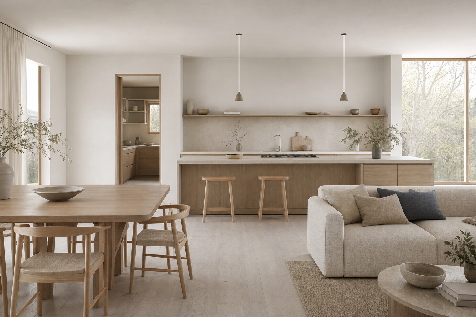 Calm open kitchen flowing into dining and soft seating for relaxed hosting.
