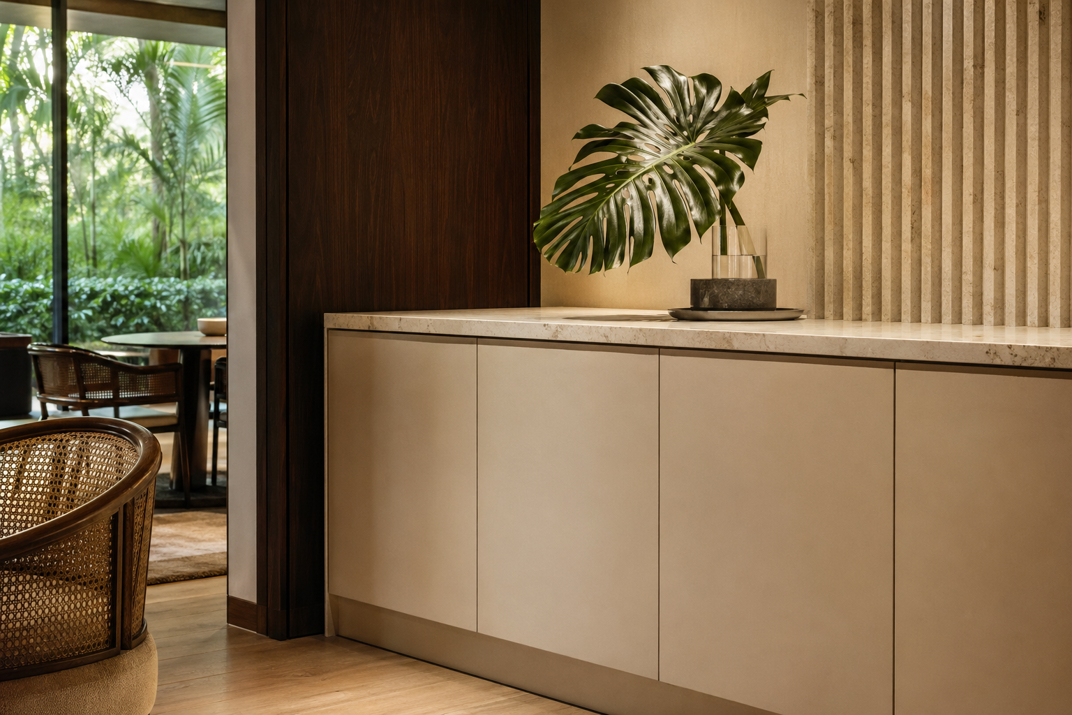 Fadior Singapore Private Club — cabinet front, stone counter, timber wall, garden light