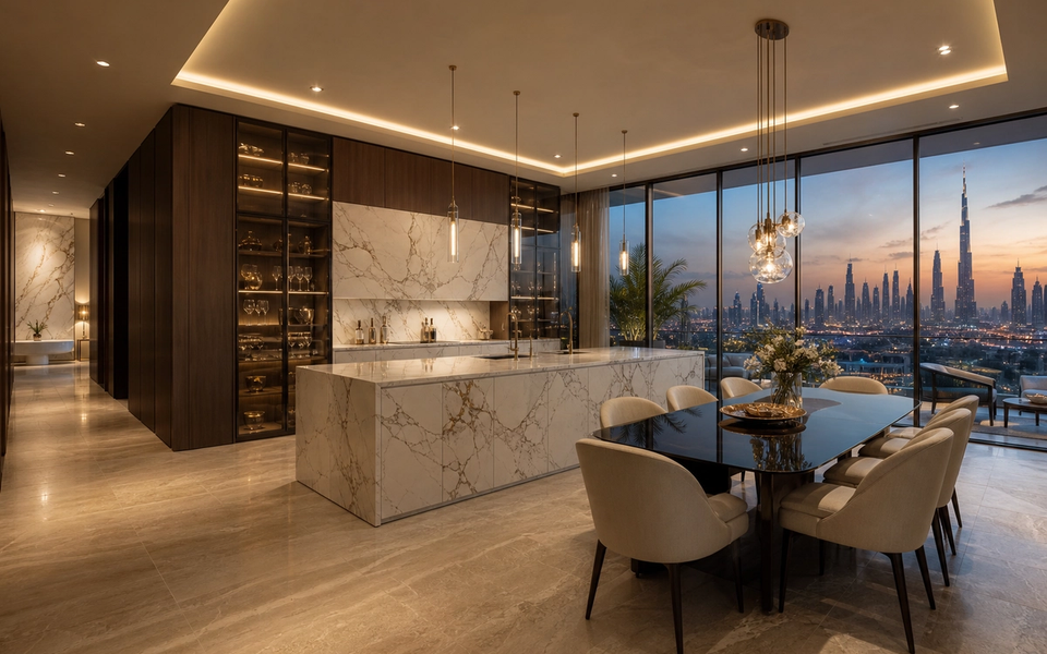 Fadior Dubai 180 sqm Kitchen Bath Penthouse — Dubai penthouse kitchen with marble island, walnut cabinet wall, dining table, — 304 stainless steel cabinetry installation by Fadior