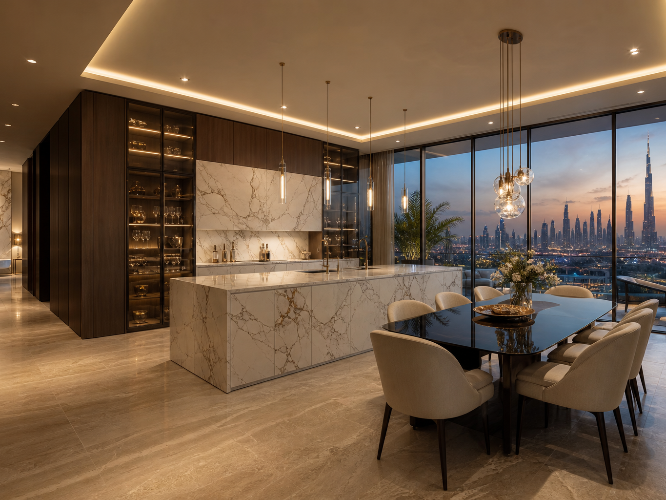 Fadior Dubai 180 sqm Kitchen Bath Penthouse — Dubai penthouse kitchen with marble island, walnut cabinet wall, dining table,