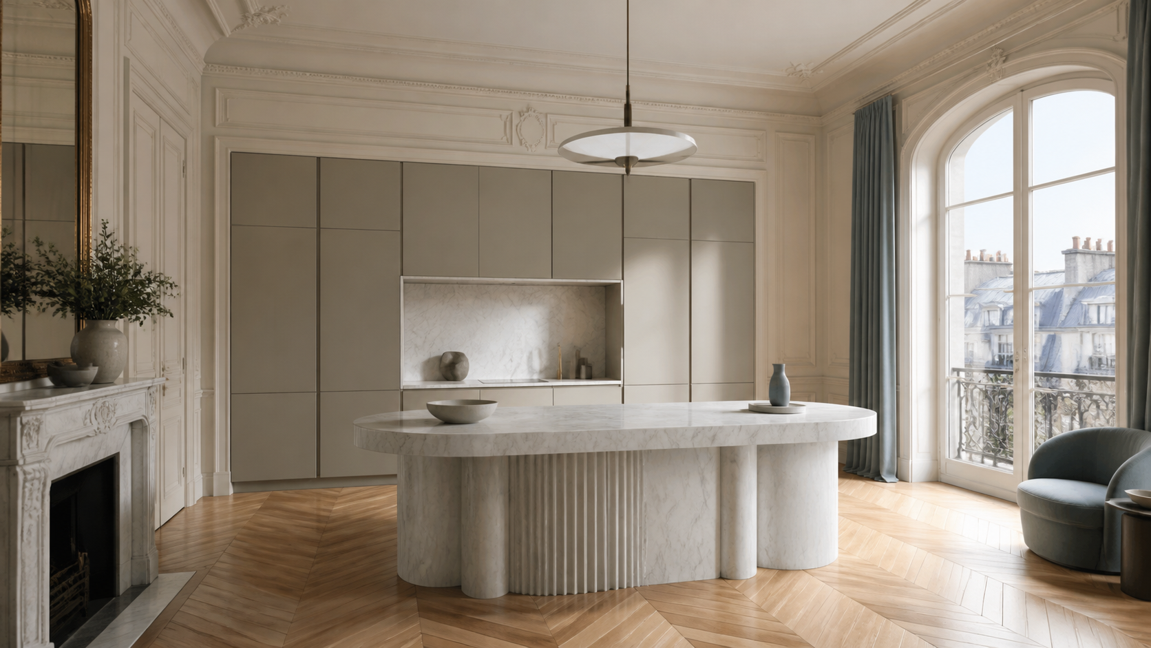 Fadior Solace Kitchen Suite with Sculptural Monolith Island — lifestyle setting with natural light and residential styling