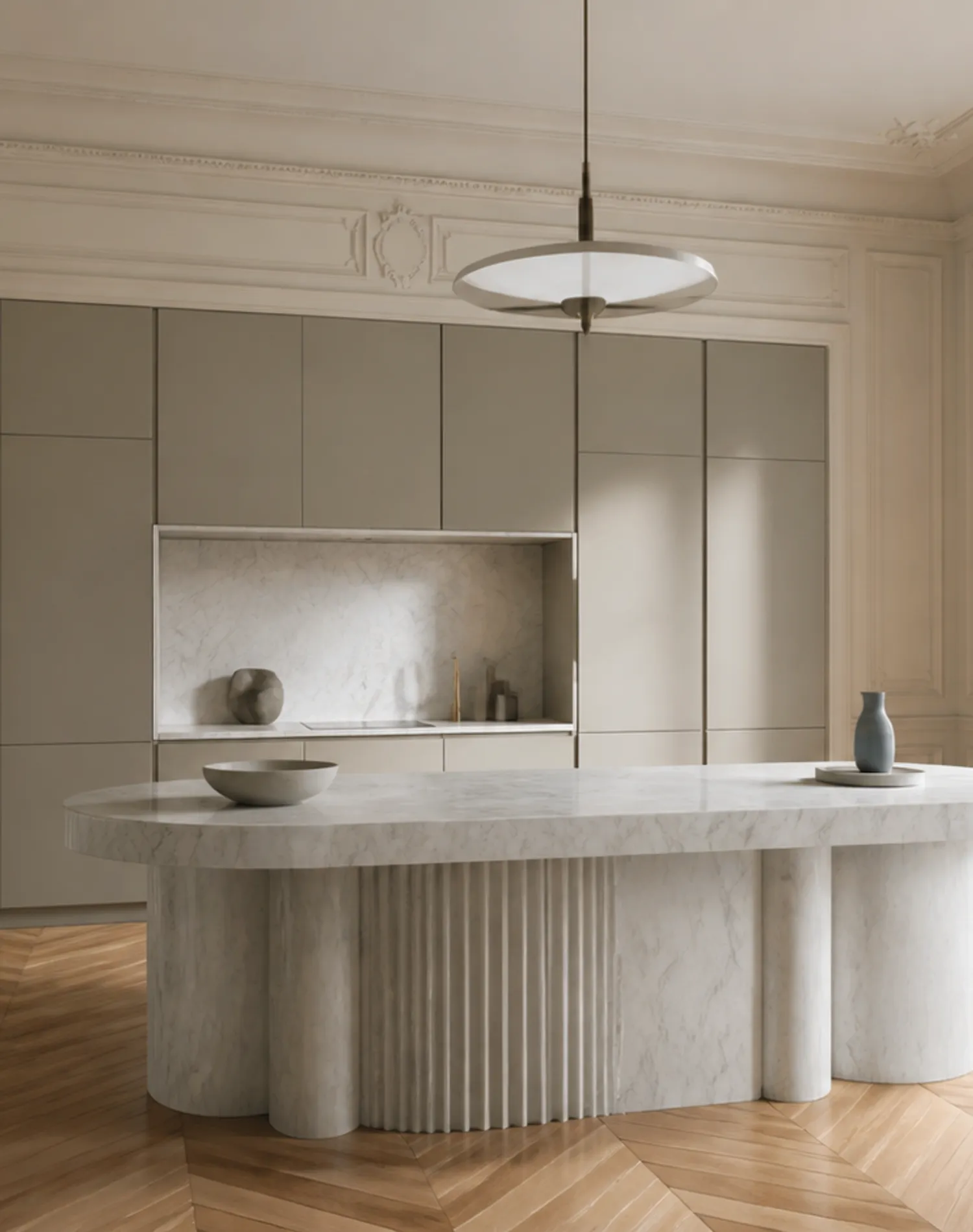Fadior Solace Kitchen Suite with Sculptural Monolith Island — lifestyle setting with natural light and residential styling