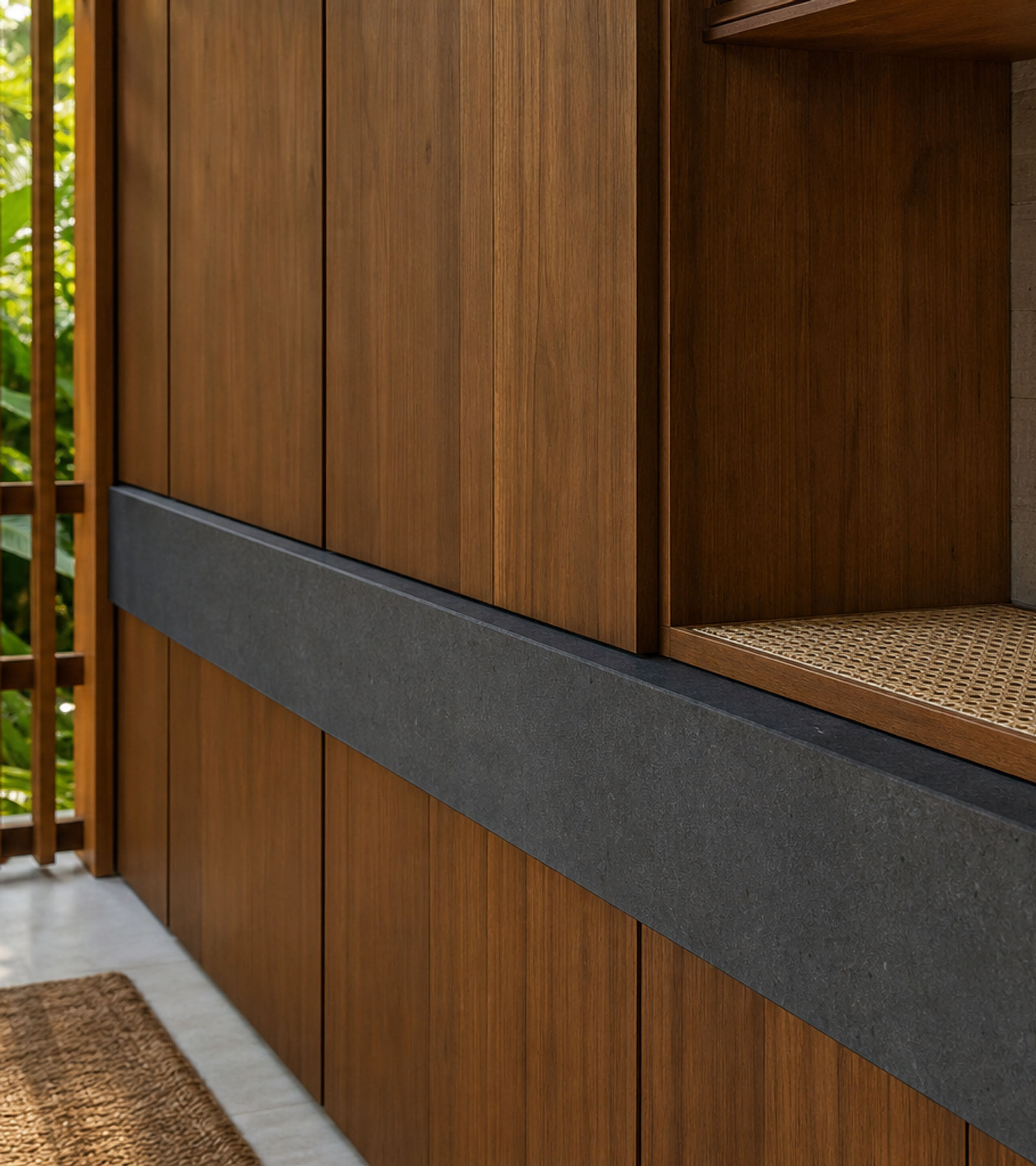 Fadior Zenith Living Room Suite with Slate Ribbon Media Library — close-up of stainless steel finish and hardware detail