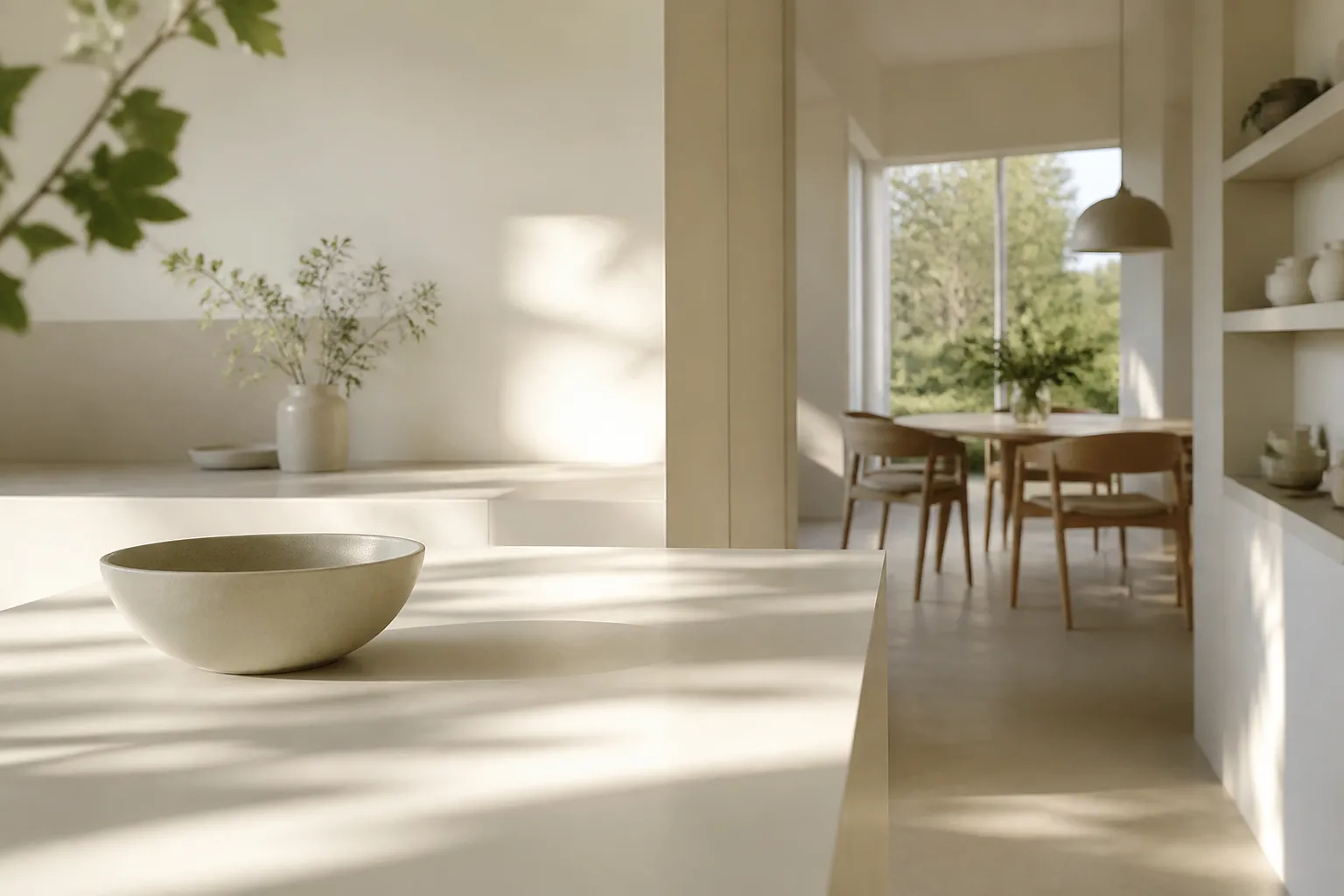 Soft daylight across a pale ceramic bowl, warm-white surface planes, and muted sage shadows in a calm kitchen setting.