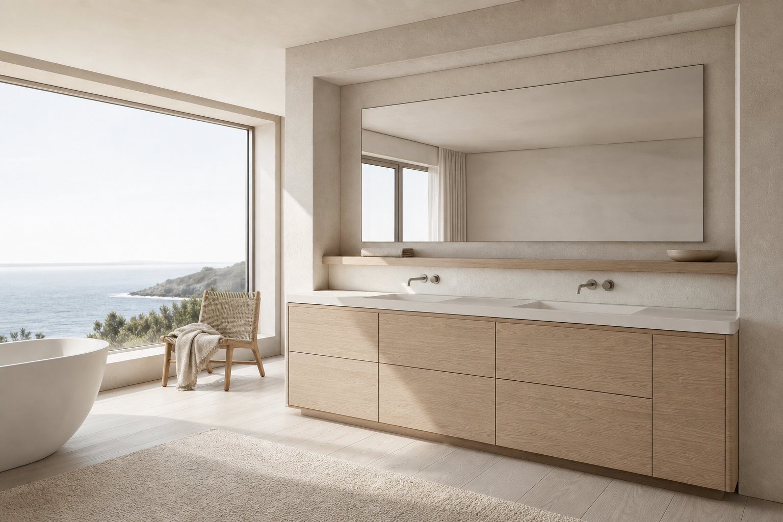 Fadior Ethereal Bath and Vanity Suite with FSC Oak Care Shelf — lifestyle setting with natural light and residential styling