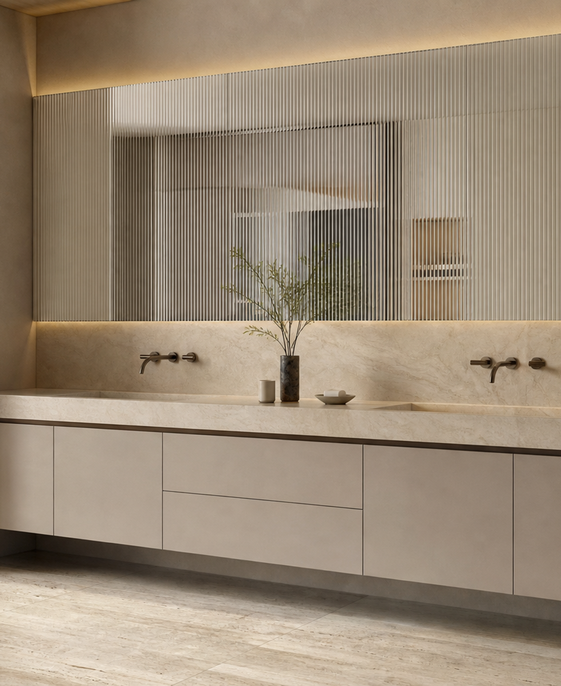 Fadior Voyage Bath and Vanity Suite with Fluted Mirror Ribbon — 304 stainless steel bath and vanity system, front view