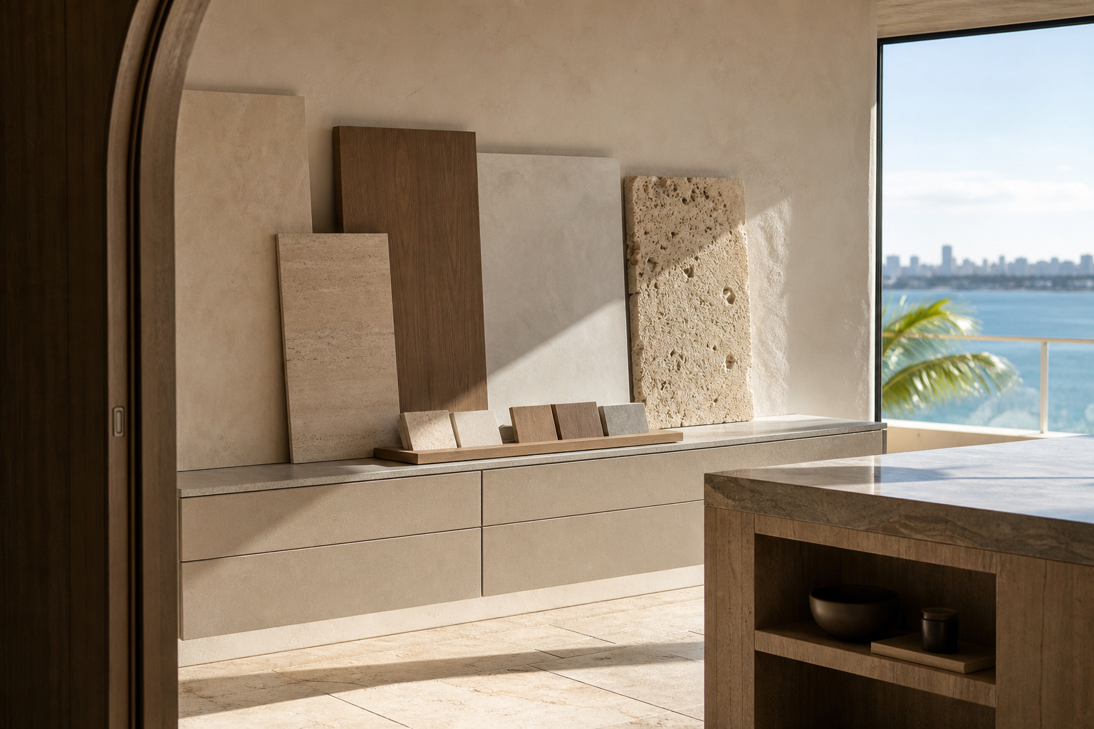Fadior Miami Skyline Penthouse — Miami finish study with stone slab, travertine tile, timber sample, plaster wall,