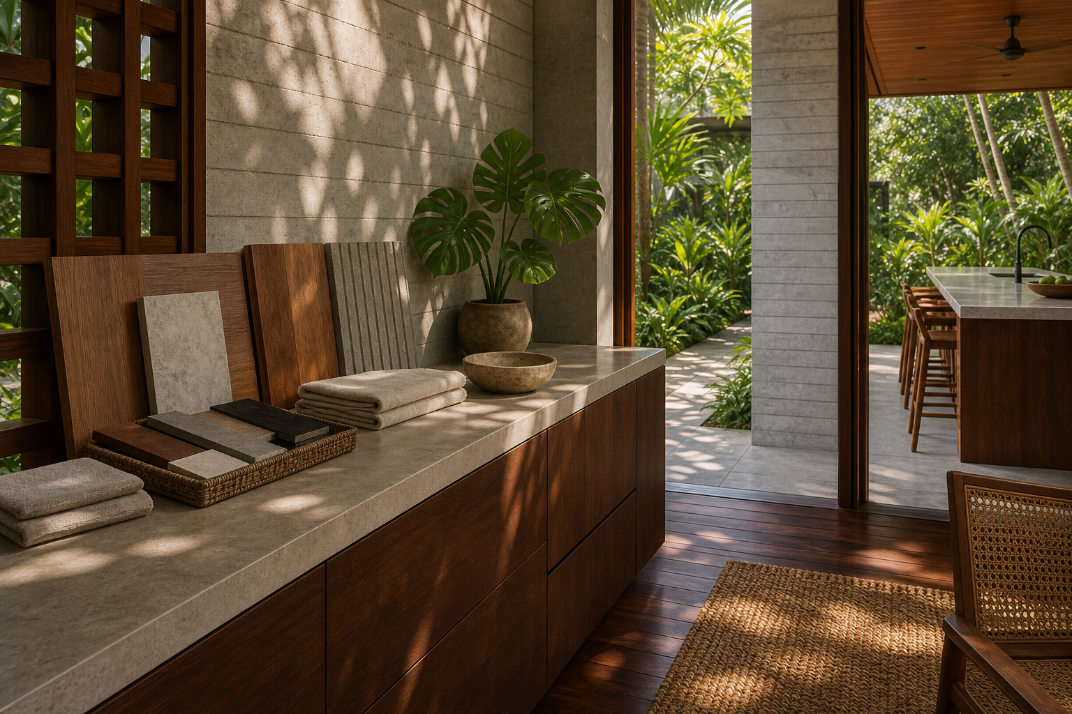 Fadior Singapore Garden Courtyard Villa — Singapore material study with timber cabinet face, stone counter, sample tray, concrete wall, tropical plant, woven rug, hardwood floor, and kitchen view