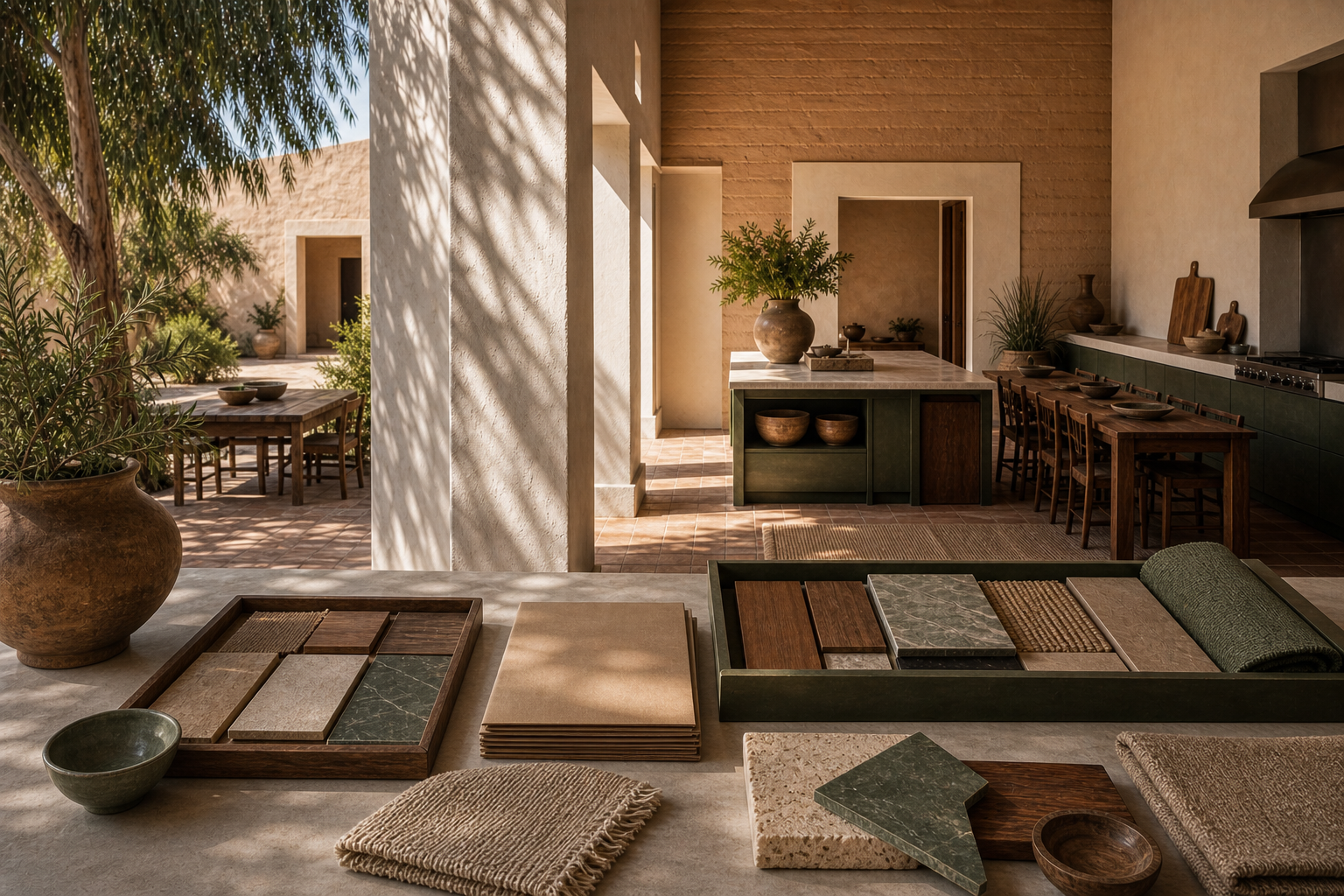 Material mood study: lime-washed counter, green cabinet fronts, and blank finish samples for a design handoff.