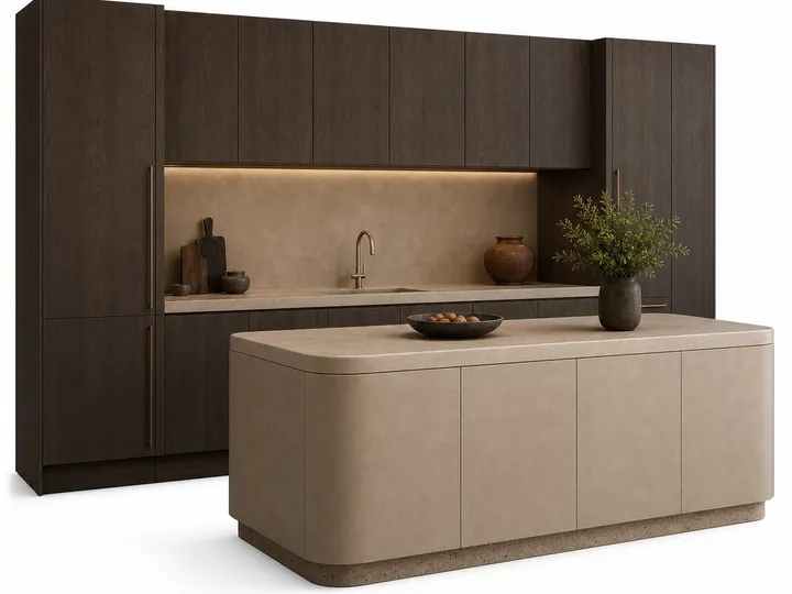 Fadior Meridian Kitchen Suite with Staron Cove Prep Island — 304 stainless steel kitchen system, front view